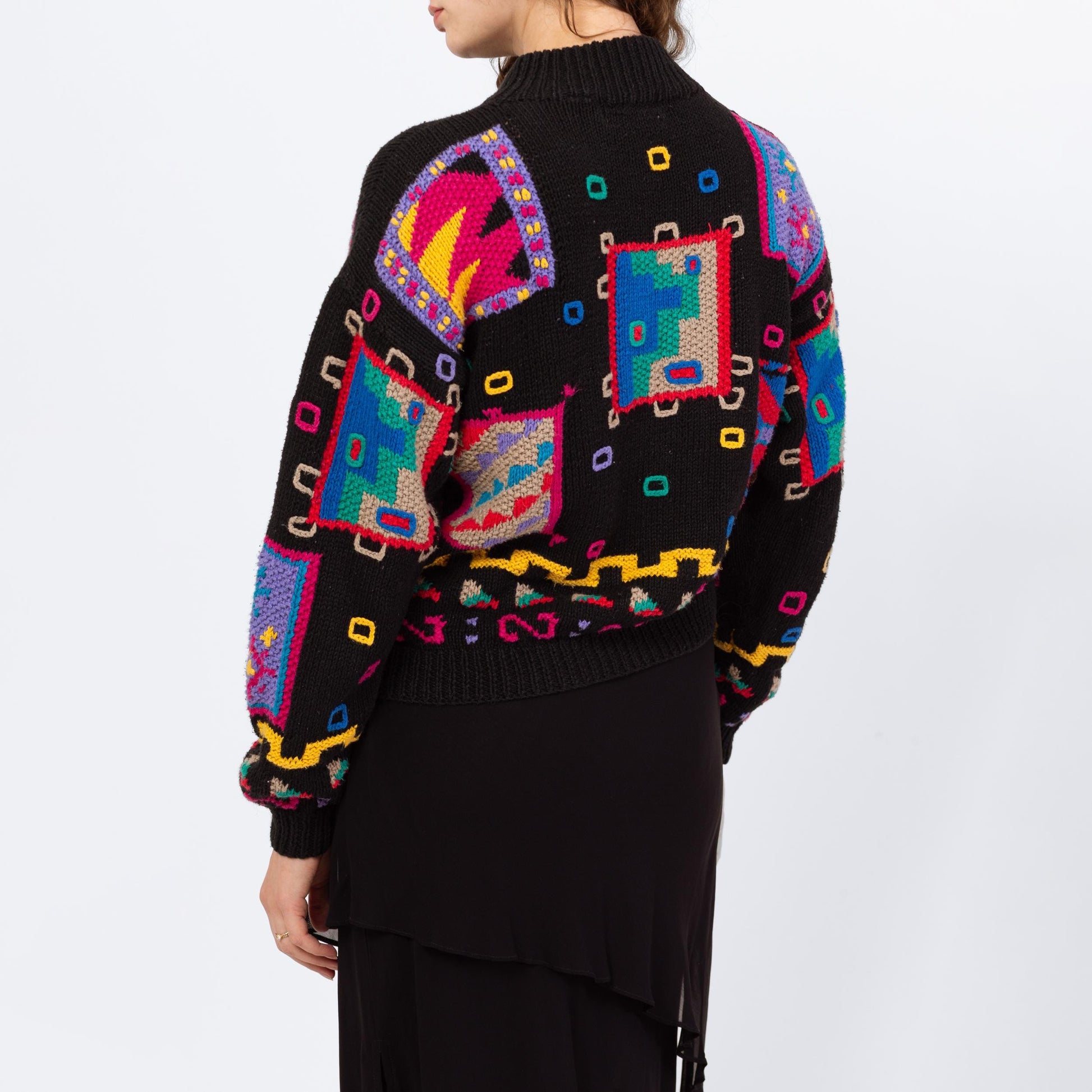 Vintage 90s Geometric Slouchy 3D Knit Sweater - Medium | Black Abstract Grunge Mockneck Pullover