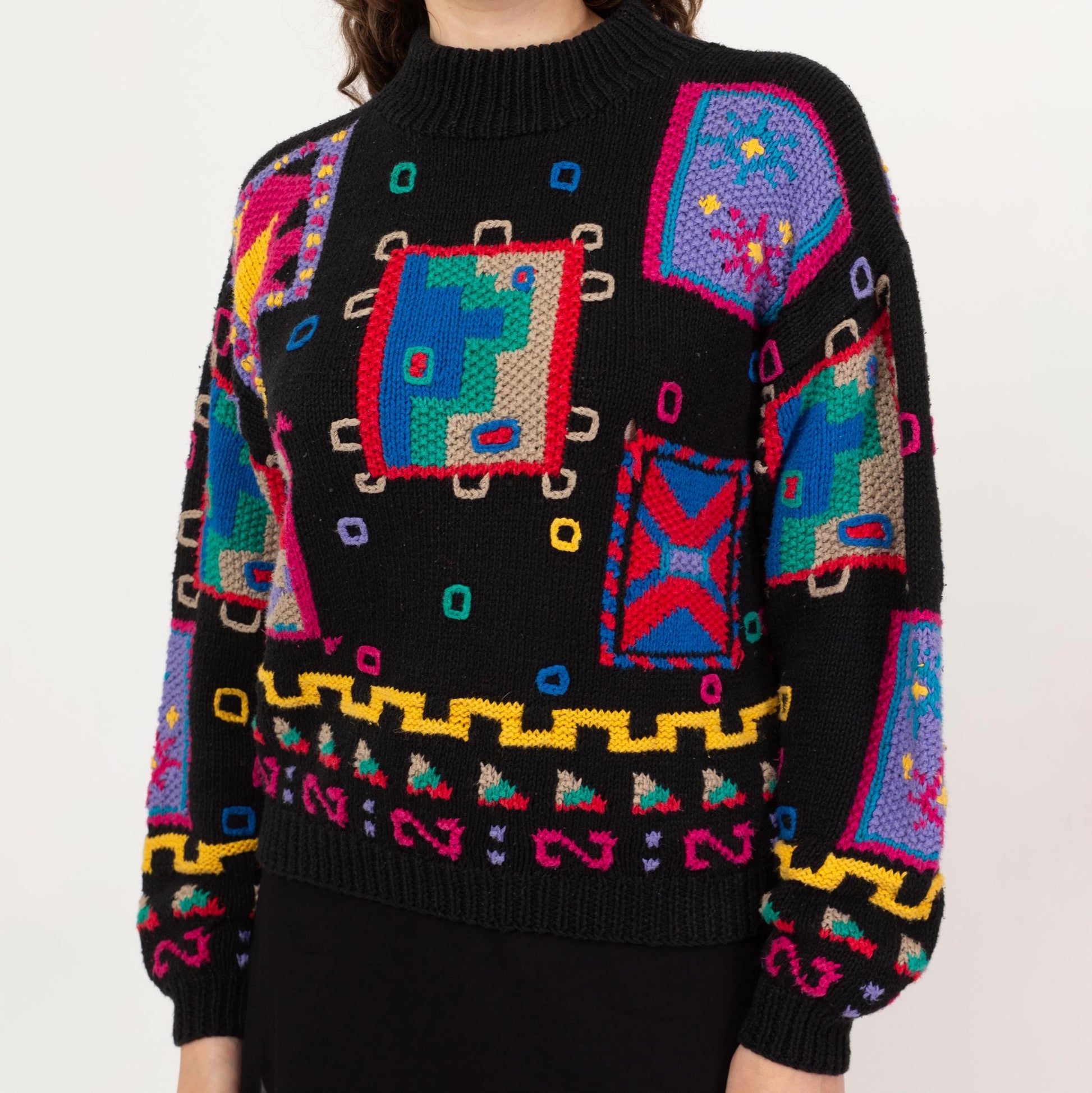 Vintage 90s Geometric Slouchy 3D Knit Sweater - Medium | Black Abstract Grunge Mockneck Pullover