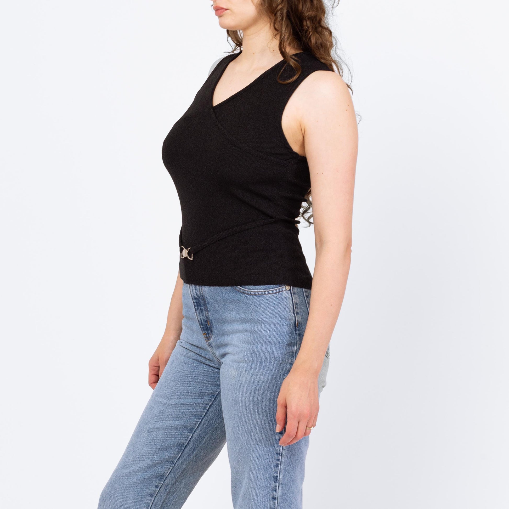 Vintage 90s Minimalist Black Belted Tank Top - Medium | Stretchy V Neck Sleeveless Shirt