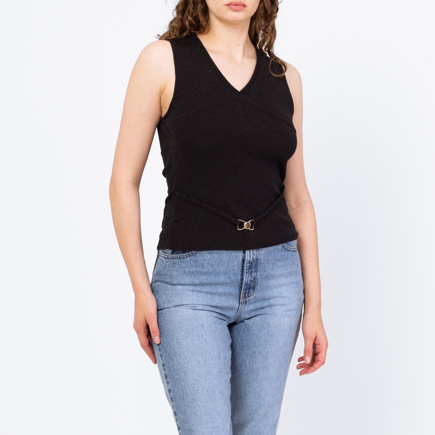 Vintage 90s Minimalist Black Belted Tank Top - Medium | Stretchy V Neck Sleeveless Shirt