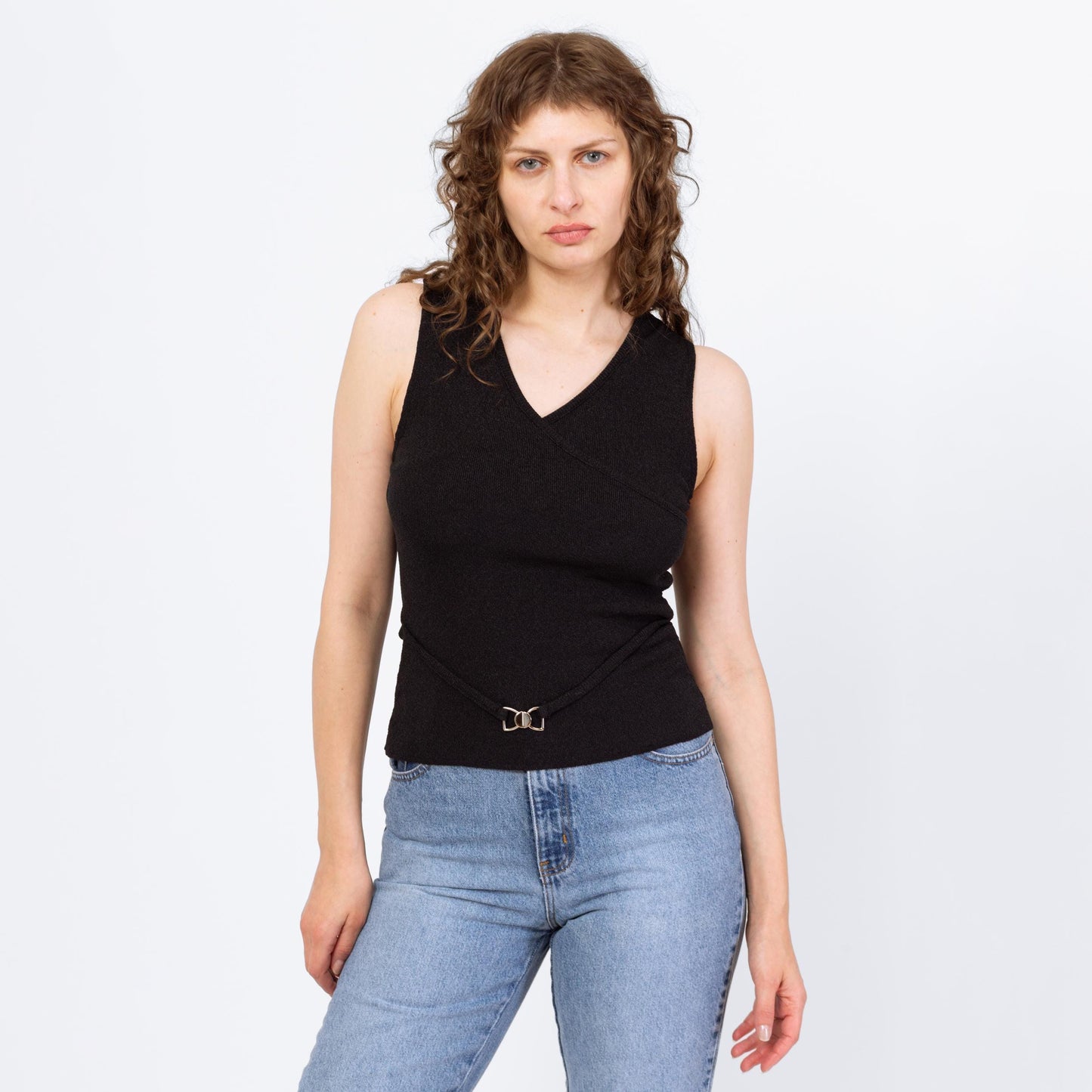 Vintage 90s Minimalist Black Belted Tank Top - Medium | Stretchy V Neck Sleeveless Shirt
