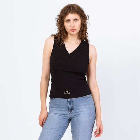 Vintage 90s Minimalist Black Belted Tank Top - Medium | Stretchy V Neck Sleeveless Shirt