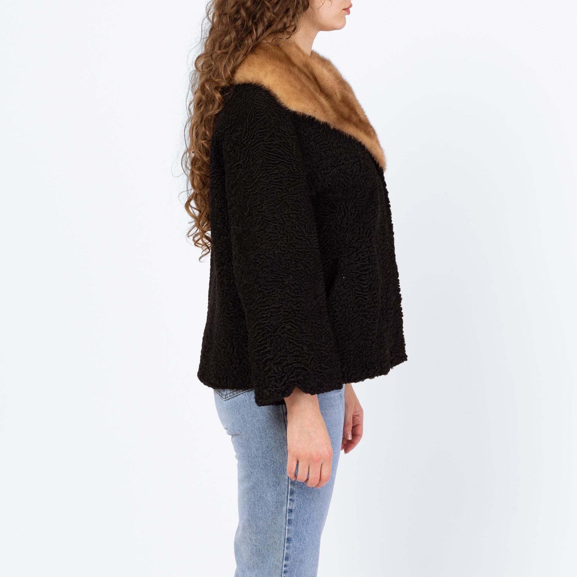 Vintage 50s Persian Lamb Fur Mink Collar Coat - Medium to Large | 1950s Retro Black Short Winter Swing Jacket