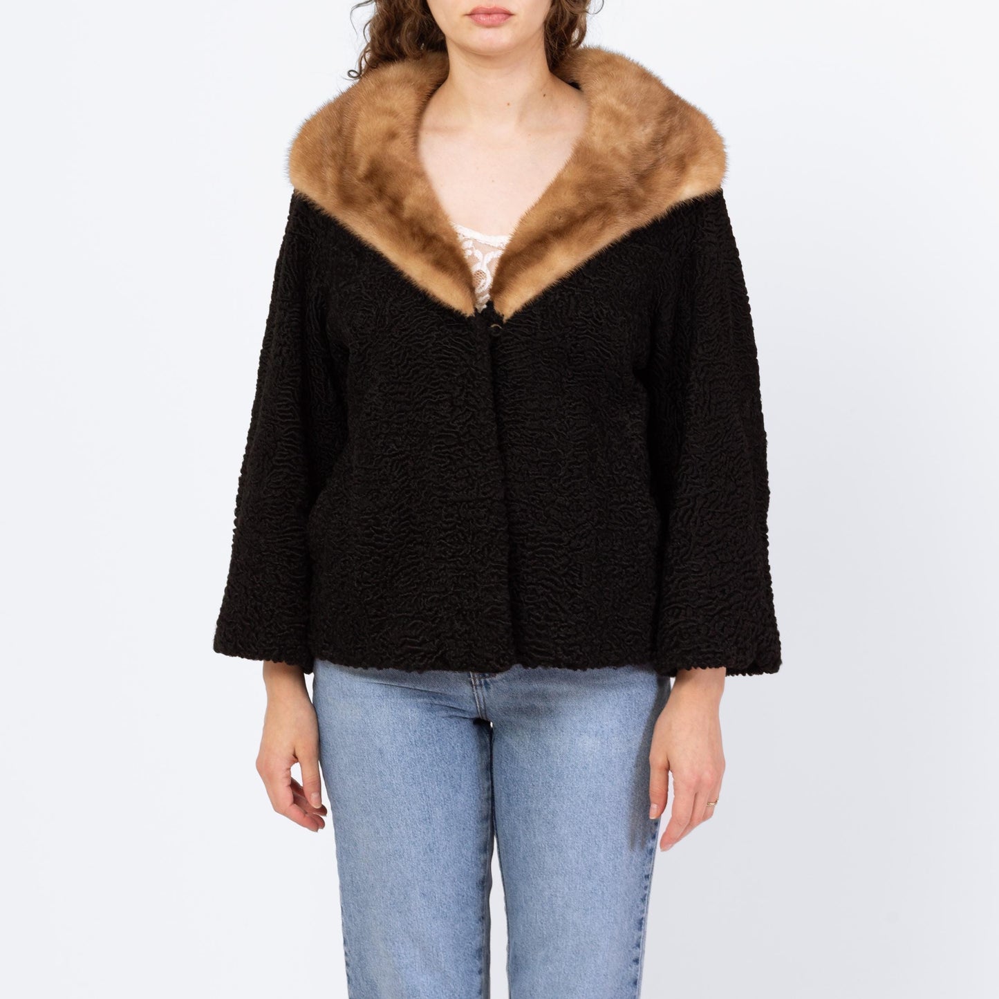 Vintage 50s Persian Lamb Fur Mink Collar Coat - Medium to Large | 1950s Retro Black Short Winter Swing Jacket