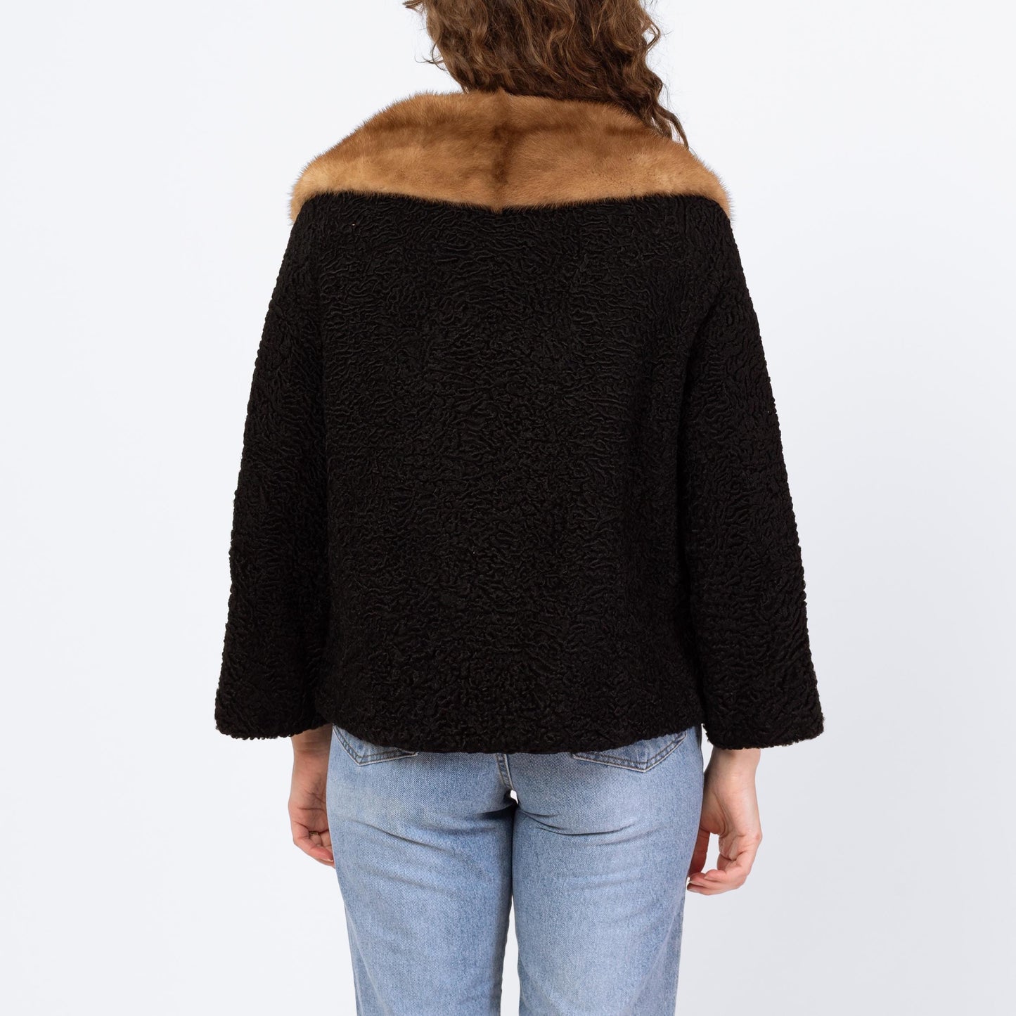 Vintage 50s Persian Lamb Fur Mink Collar Coat - Medium to Large | 1950s Retro Black Short Winter Swing Jacket