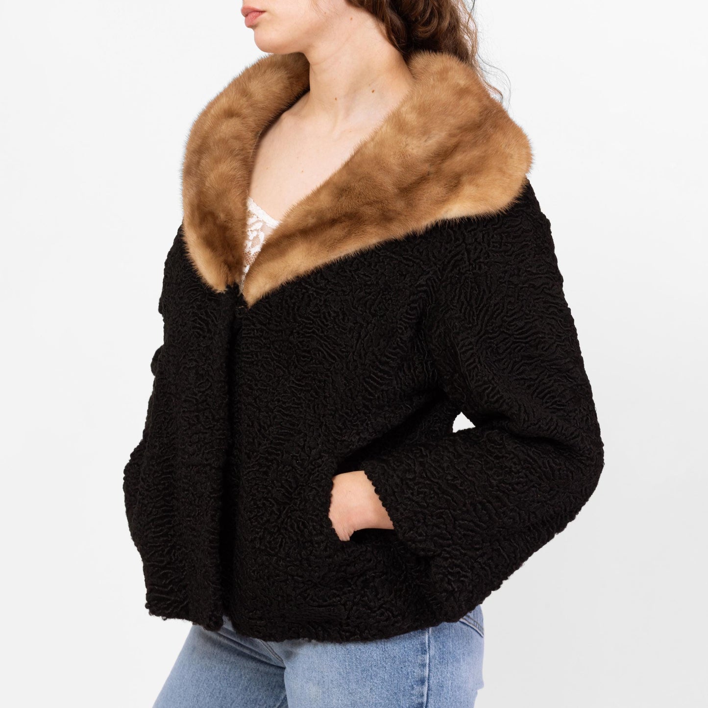 Vintage 50s Persian Lamb Fur Mink Collar Coat - Medium to Large | 1950s Retro Black Short Winter Swing Jacket