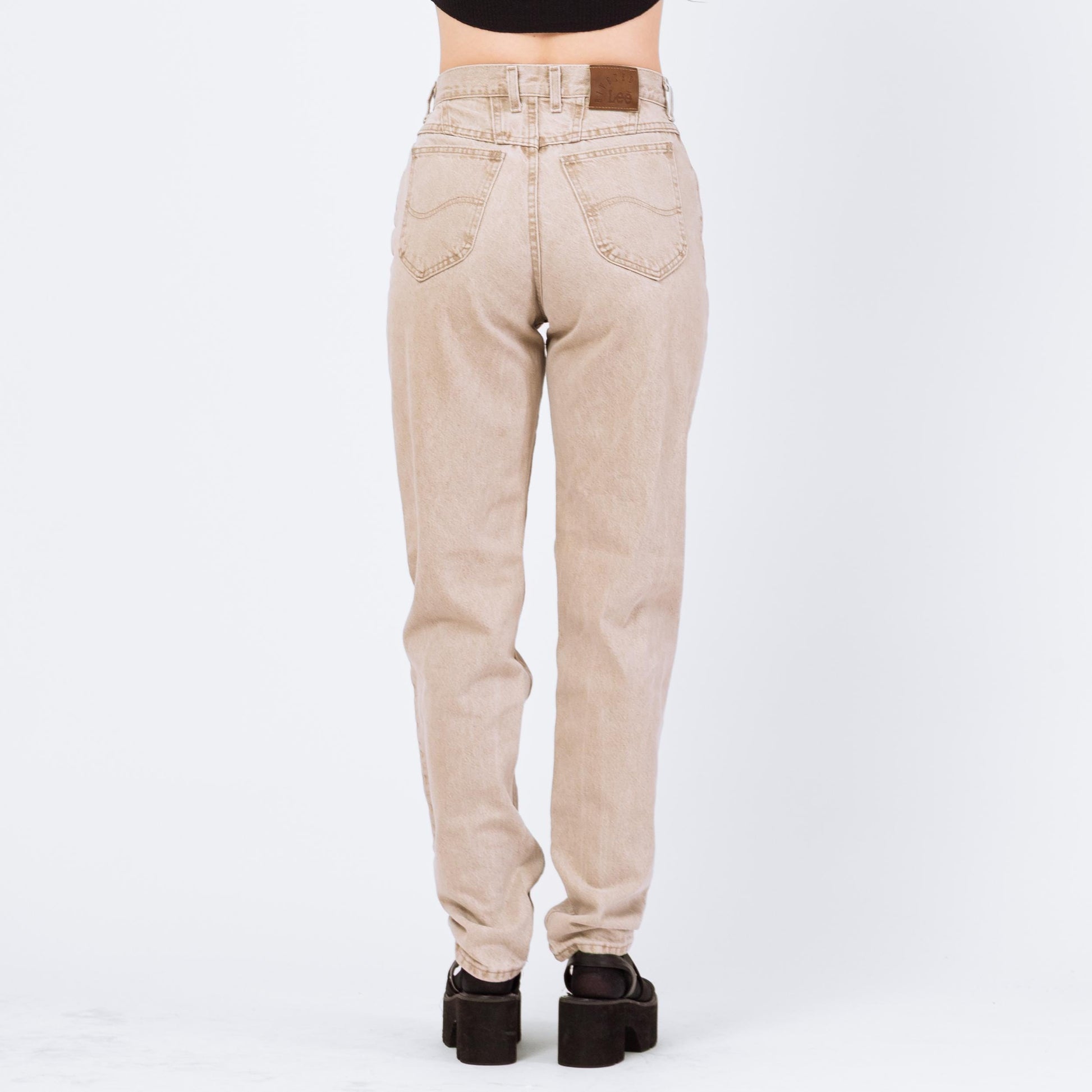 Vintage 90s Lee Light Tan Stonewash High Waisted Jeans - Size 8 Long, 28" Waist | Denim Tapered Leg Long Inseam Mom Jeans