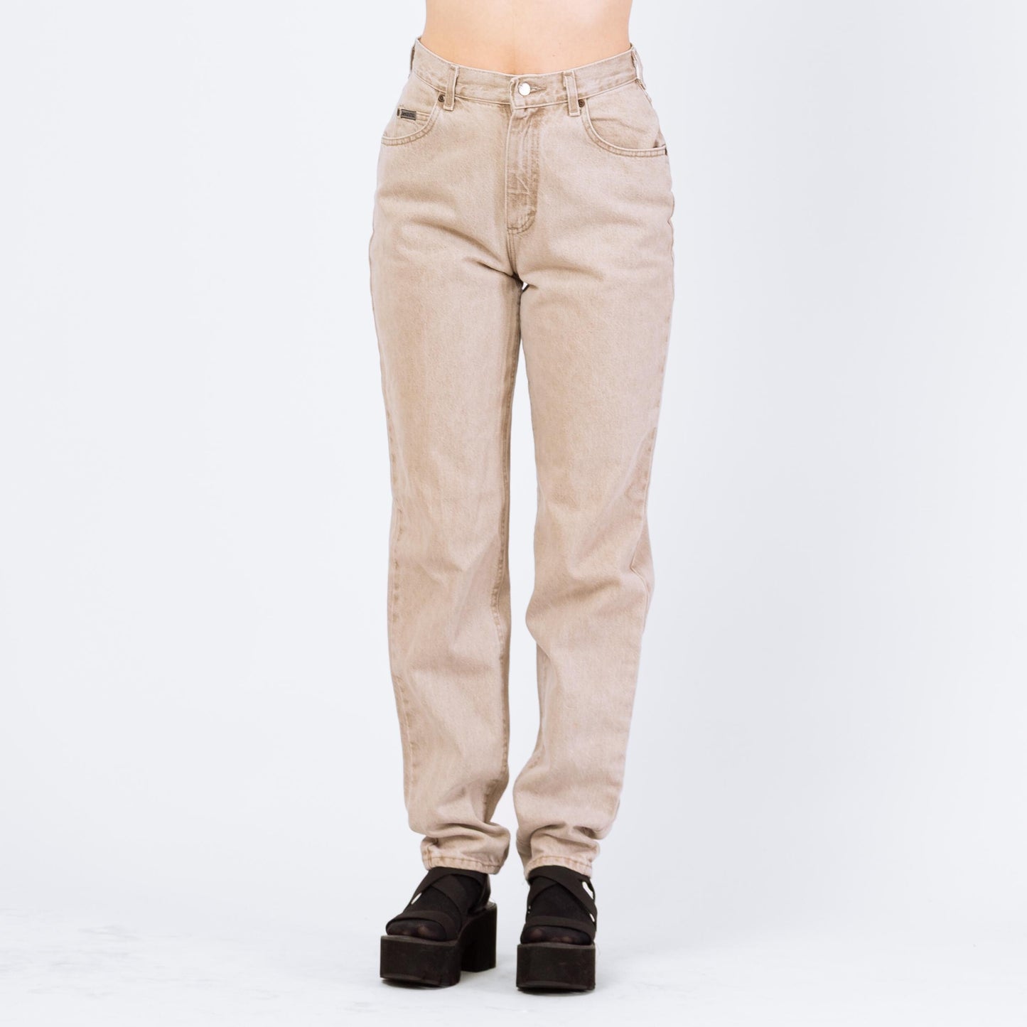 Vintage 90s Lee Light Tan Stonewash High Waisted Jeans - Size 8 Long, 28" Waist | Denim Tapered Leg Long Inseam Mom Jeans