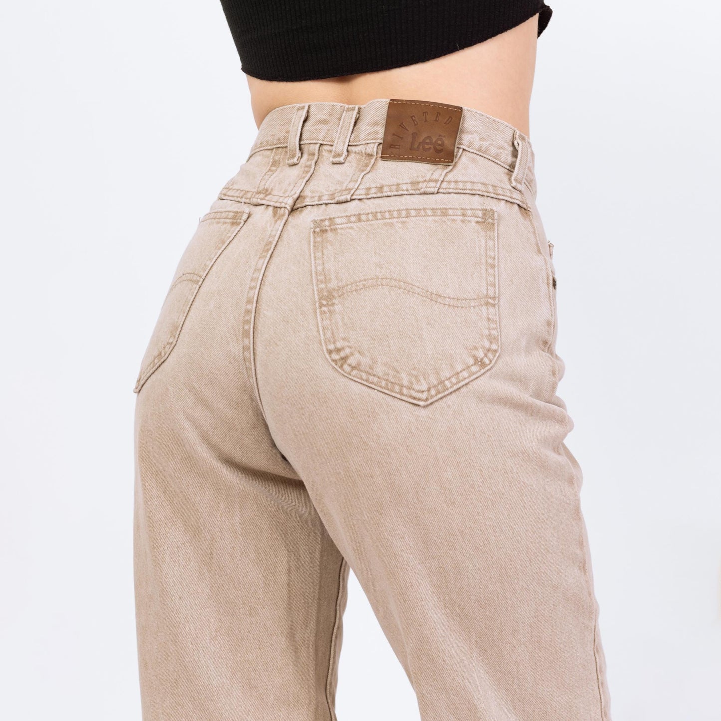 Vintage 90s Lee Light Tan Stonewash High Waisted Jeans - Size 8 Long, 28" Waist | Denim Tapered Leg Long Inseam Mom Jeans