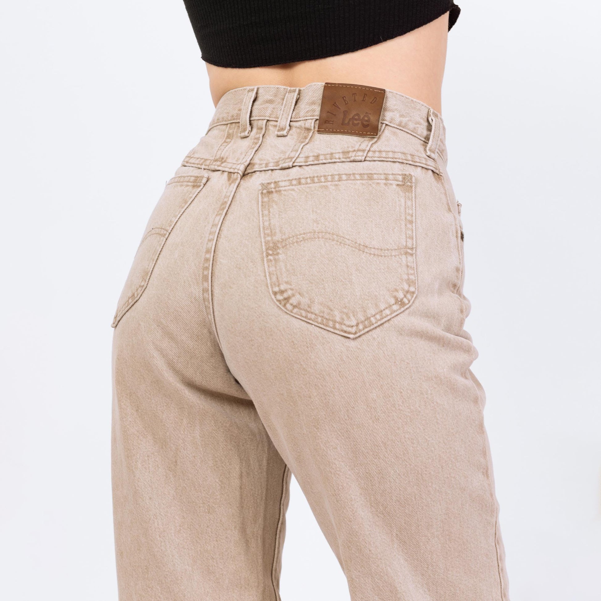 Vintage 90s Lee Light Tan Stonewash High Waisted Jeans - Size 8 Long, 28" Waist | Denim Tapered Leg Long Inseam Mom Jeans