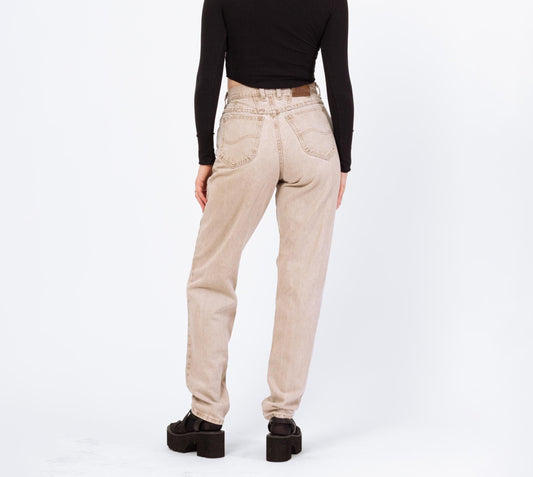 Vintage 90s Lee Light Tan Stonewash High Waisted Jeans - Size 8 Long, 28" Waist | Denim Tapered Leg Long Inseam Mom Jeans