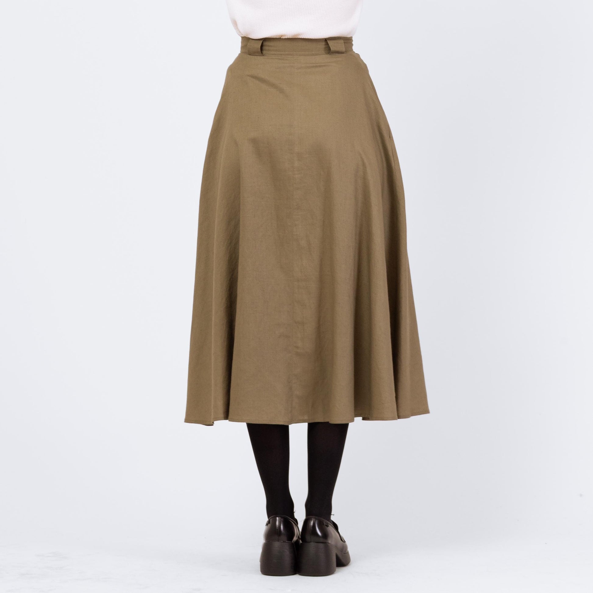 Vintage 90s Olive Green Linen Look Pleated Midi Skirt - Small, 26" Waist | High Waisted A Line Cotton Blend Minimalist Full Pocket Skirt