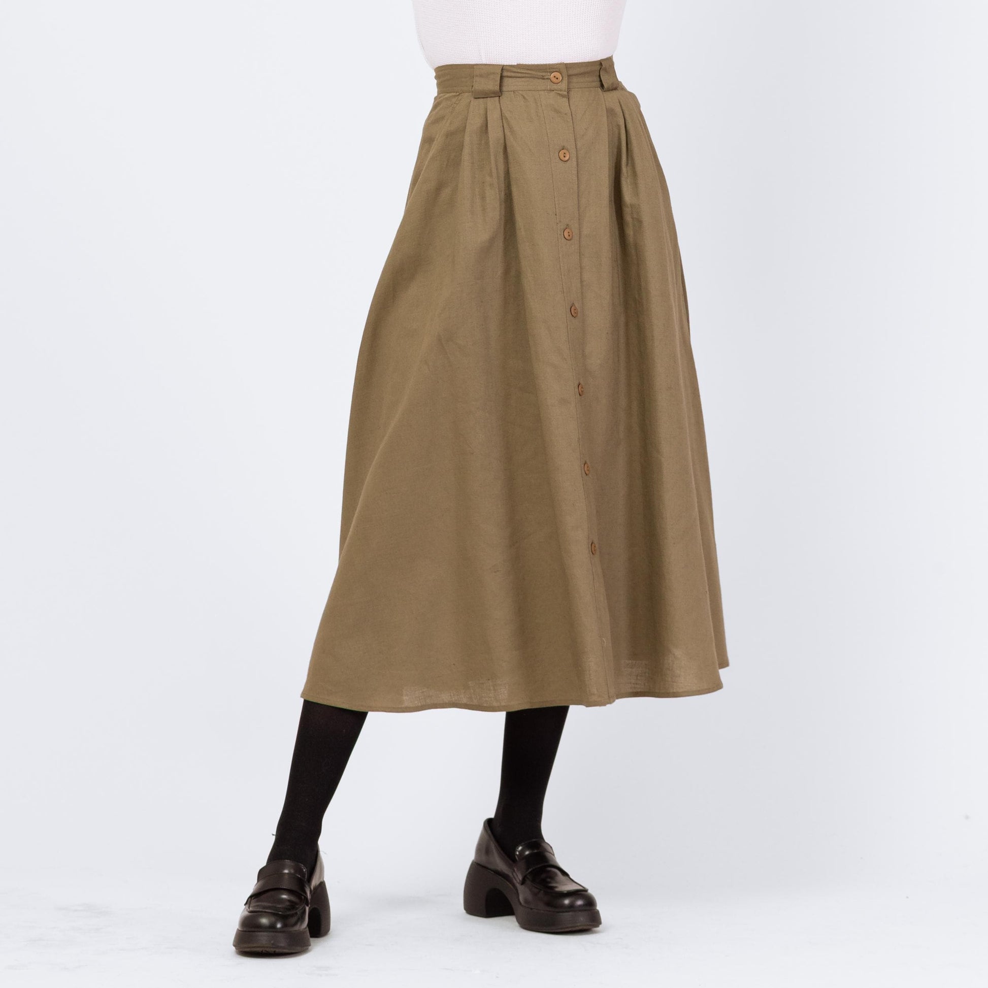 Vintage 90s Olive Green Linen Look Pleated Midi Skirt - Small, 26" Waist | High Waisted A Line Cotton Blend Minimalist Full Pocket Skirt