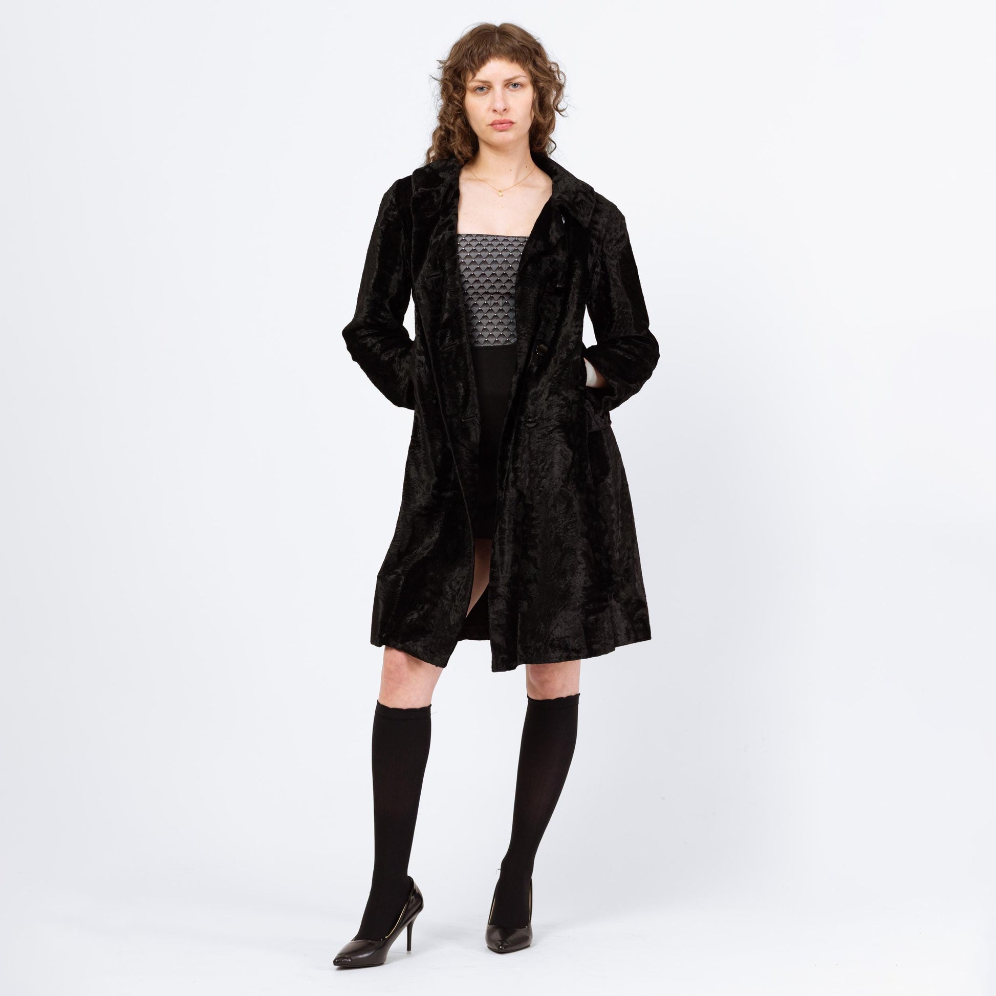 Vintage 60s Mod Black Crushed Velvet Swing Coat - Medium | Retro Double Breasted Plush Faux Fur Collared Jacket