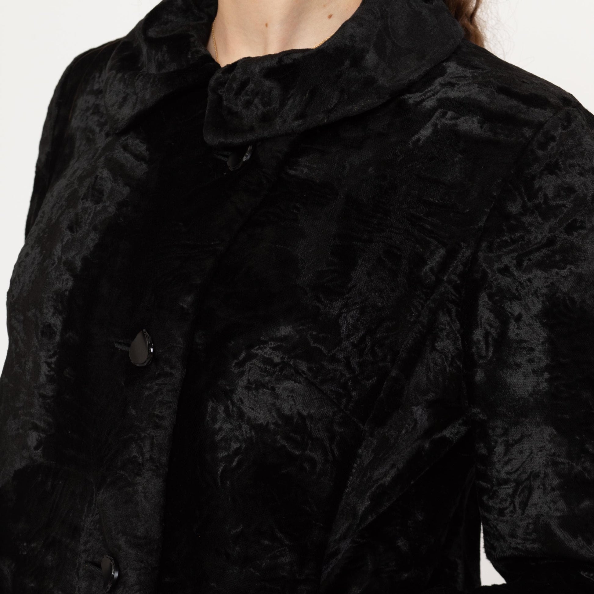 Vintage 60s Mod Black Crushed Velvet Swing Coat - Medium | Retro Double Breasted Plush Faux Fur Collared Jacket