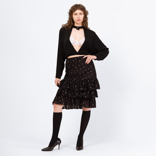 Vintage 80s Black Silver Bow Print Midi Skirt - Medium | High Waist Knee Length Ruffle Holiday Party Skirt