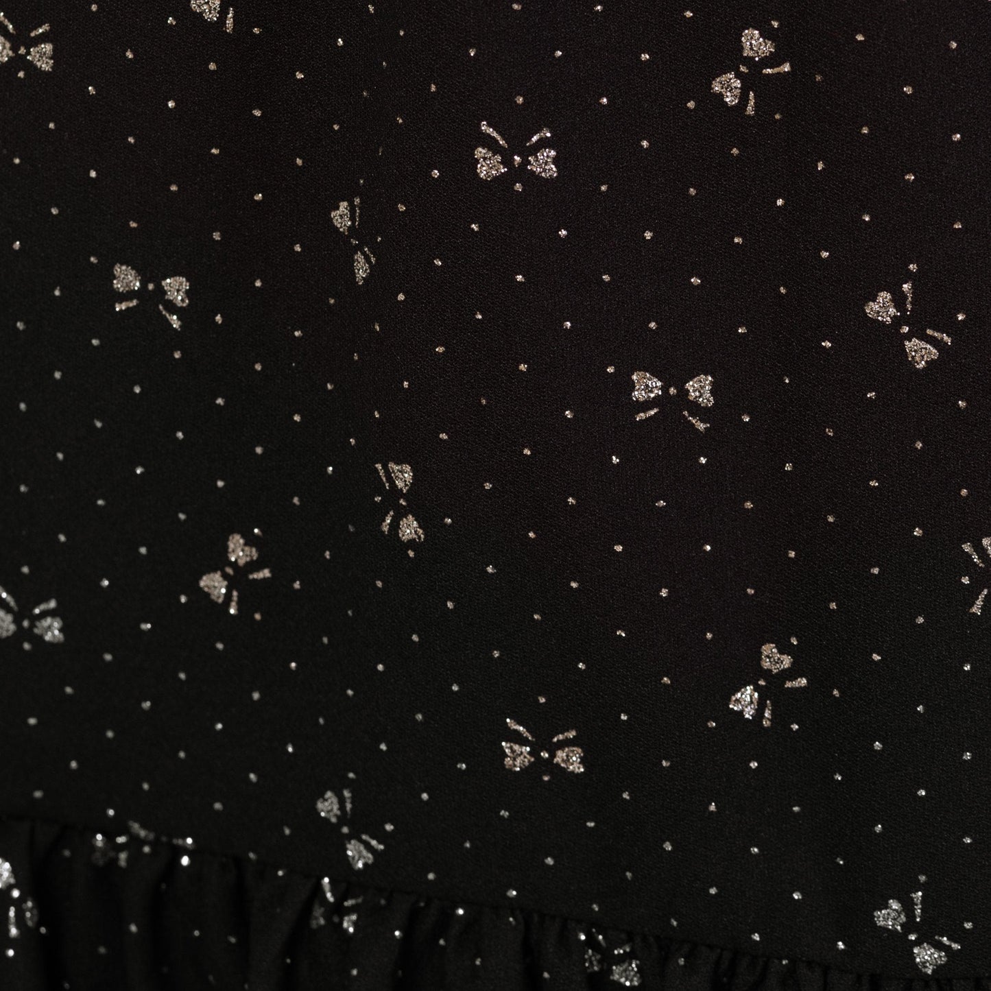 Vintage 80s Black Silver Bow Print Midi Skirt - Medium | High Waist Knee Length Ruffle Holiday Party Skirt