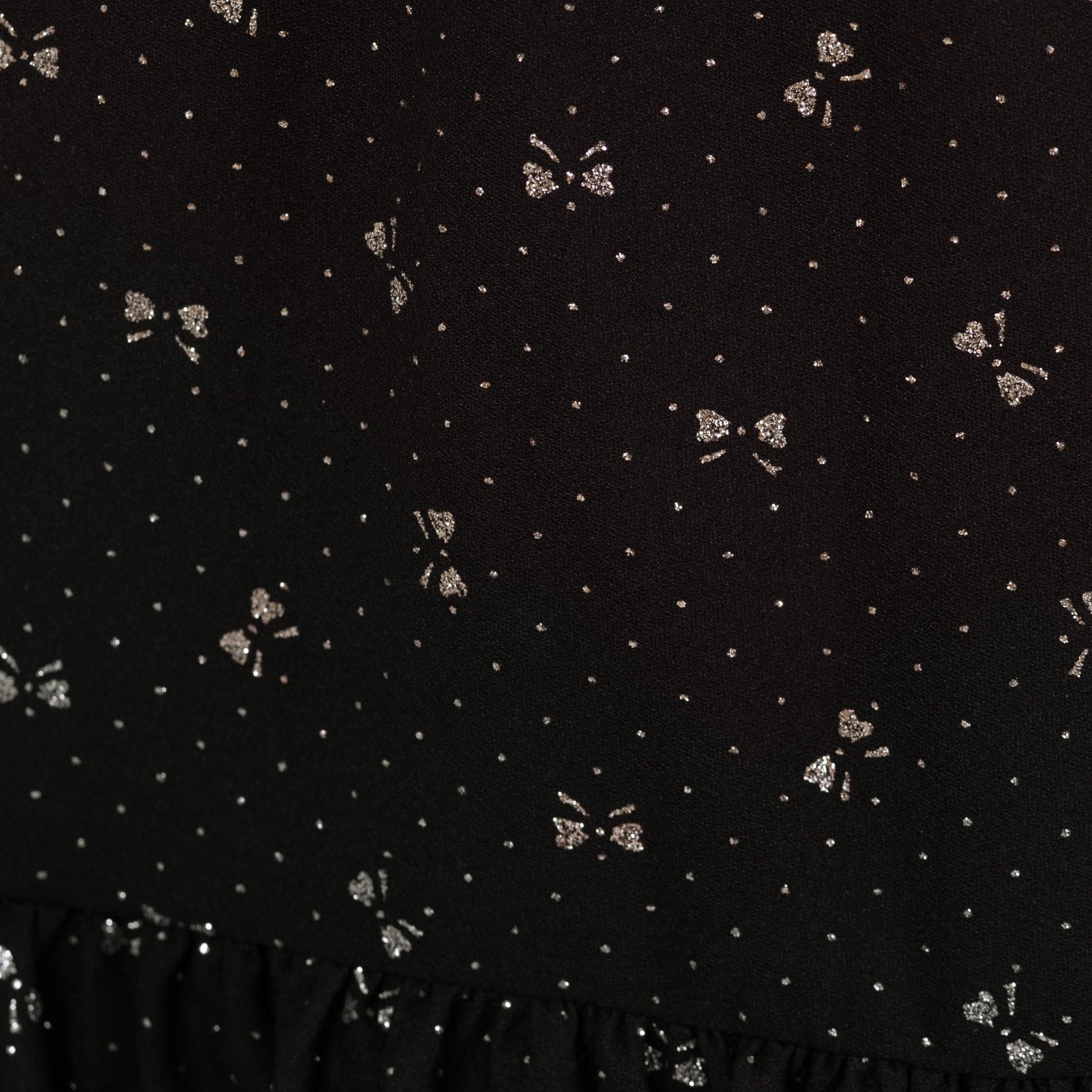 Vintage 80s Black Silver Bow Print Midi Skirt - Medium | High Waist Knee Length Ruffle Holiday Party Skirt