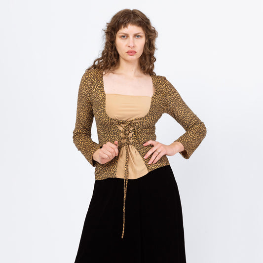 Vintage Y2K Leopard Print Corset Lace Up Top - Medium to Large | Long Sleeve Fitted Animal Print Blouse