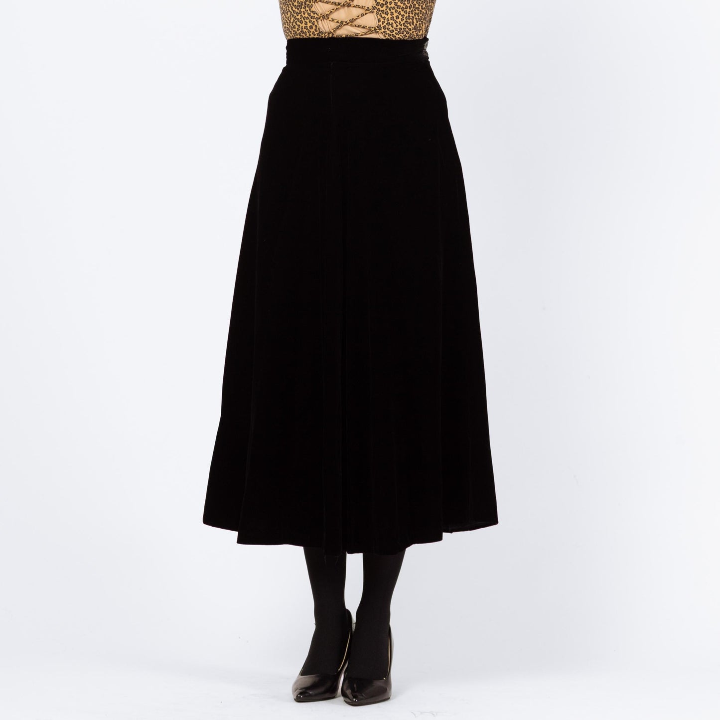 Vintage 80s Black Velvet Midi Swing Skirt - Small, 25.5" Waist | Minimalist High Waisted A Line Flowy Skirt