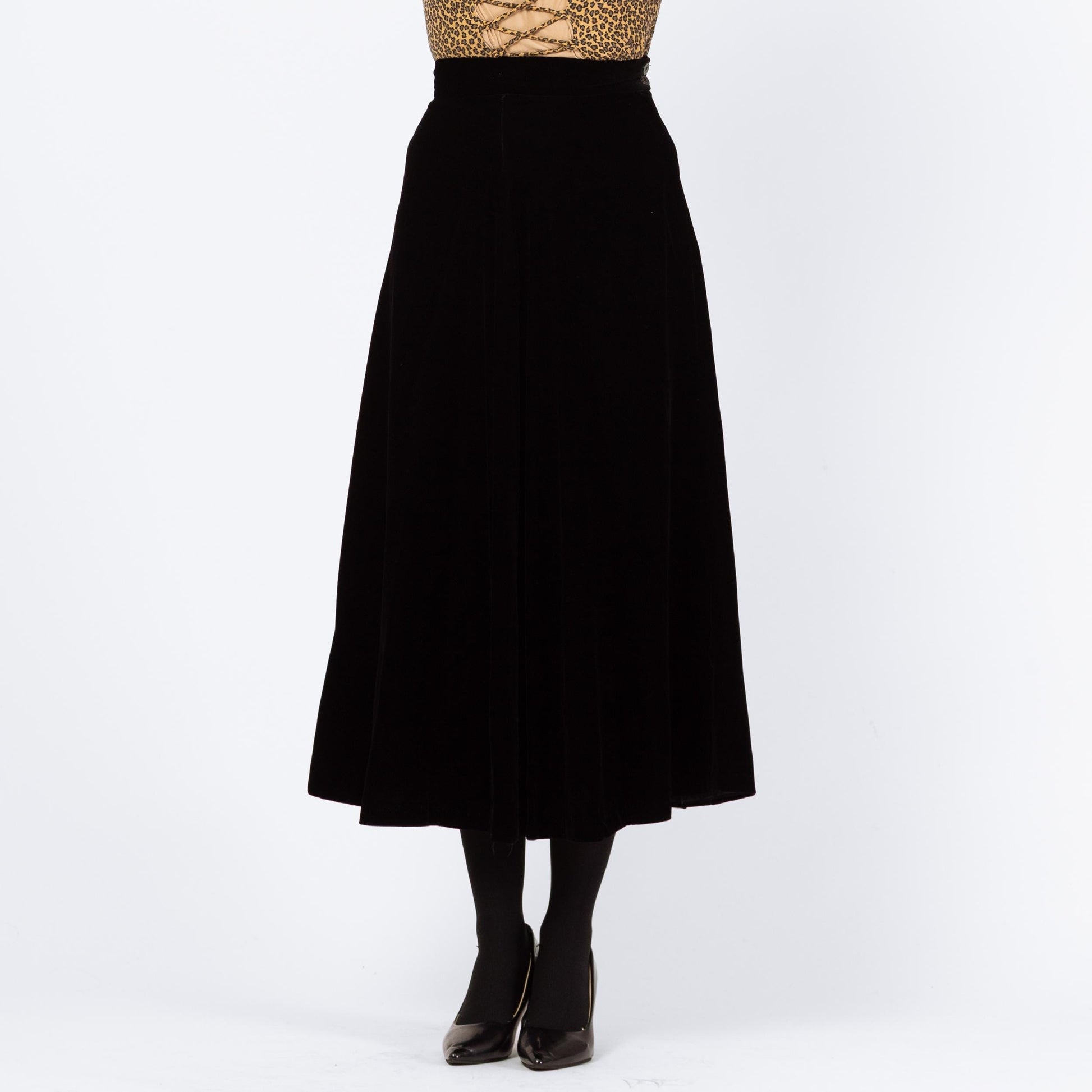 Vintage 80s Black Velvet Midi Swing Skirt - Small, 25.5" Waist | Minimalist High Waisted A Line Flowy Skirt