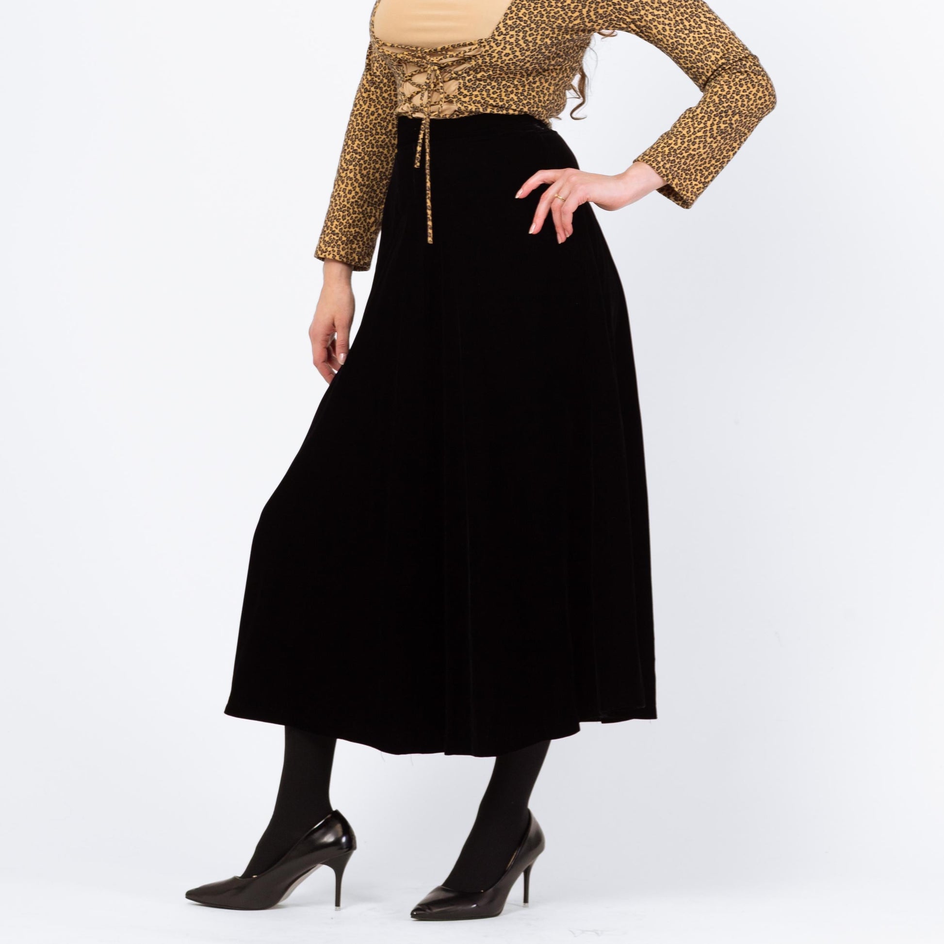 Vintage 80s Black Velvet Midi Swing Skirt - Small, 25.5" Waist | Minimalist High Waisted A Line Flowy Skirt