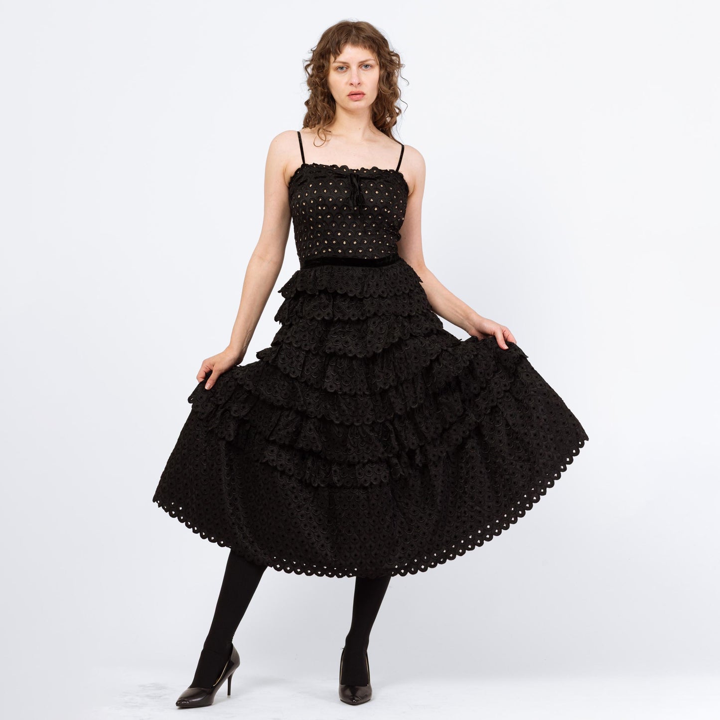 Vintage 50s Fred Perlberg Black Scalloped Eyelet Taffeta Party Dress - Small | 1950s Sleeveless Cupcake Dance Circle Dress