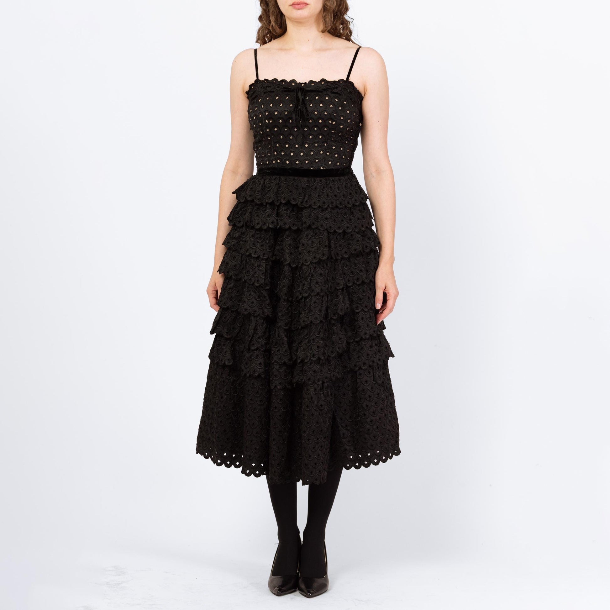 Vintage 50s Fred Perlberg Black Scalloped Eyelet Taffeta Party Dress - Small | 1950s Sleeveless Cupcake Dance Circle Dress