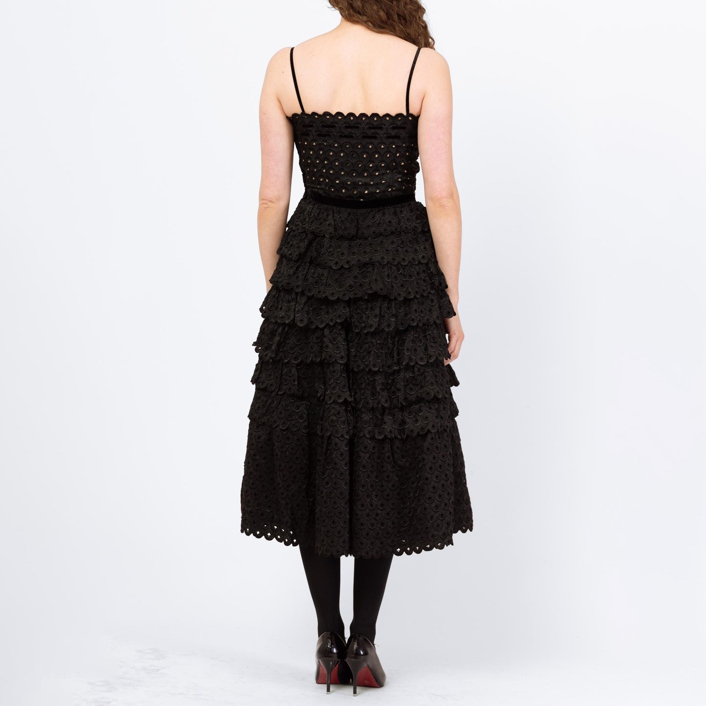 Vintage 50s Fred Perlberg Black Scalloped Eyelet Taffeta Party Dress - Small | 1950s Sleeveless Cupcake Dance Circle Dress