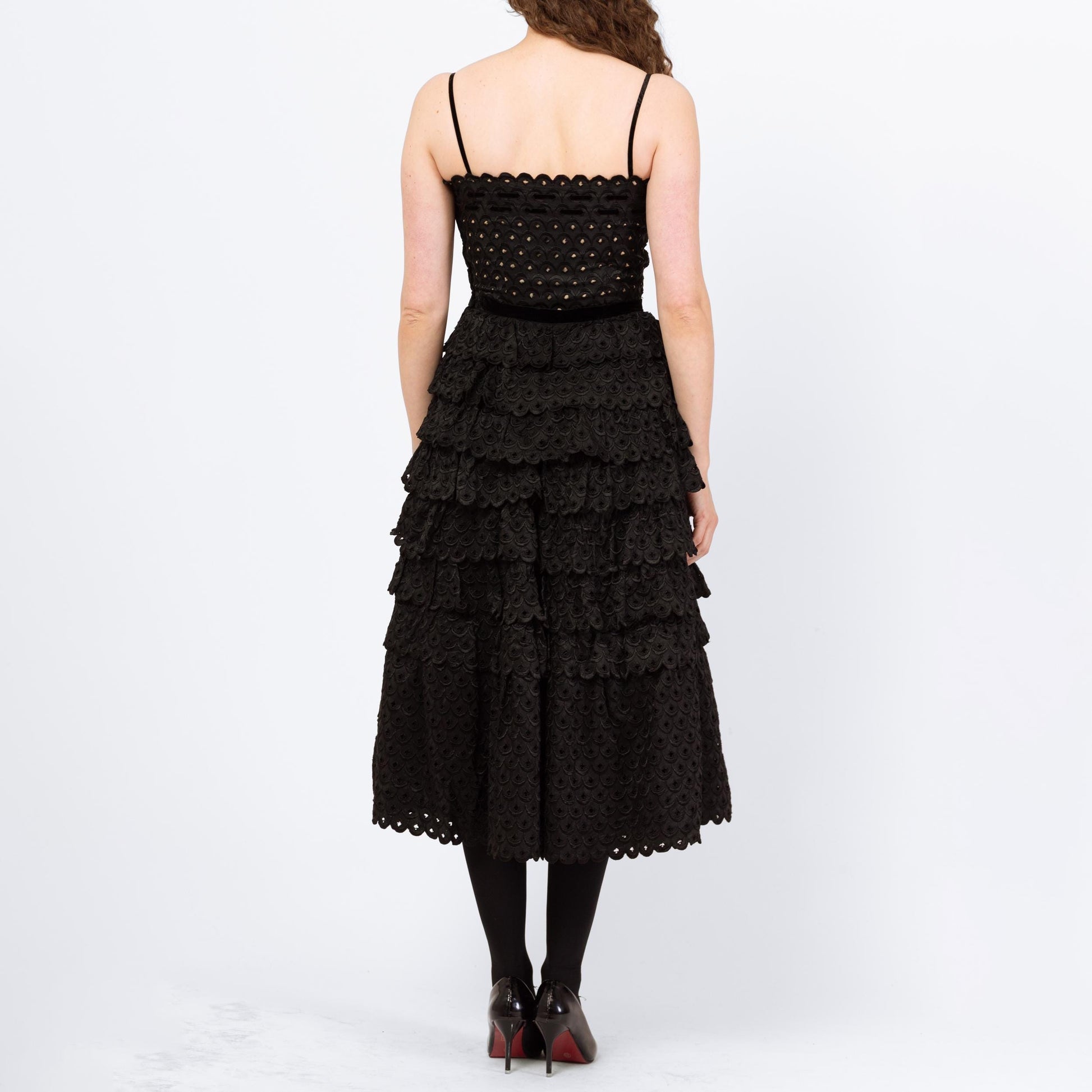 Vintage 50s Fred Perlberg Black Scalloped Eyelet Taffeta Party Dress - Small | 1950s Sleeveless Cupcake Dance Circle Dress