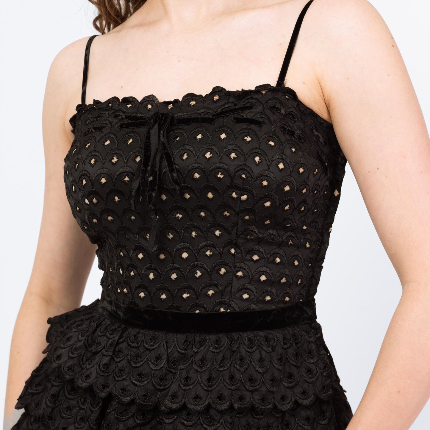 Vintage 50s Fred Perlberg Black Scalloped Eyelet Taffeta Party Dress - Small | 1950s Sleeveless Cupcake Dance Circle Dress