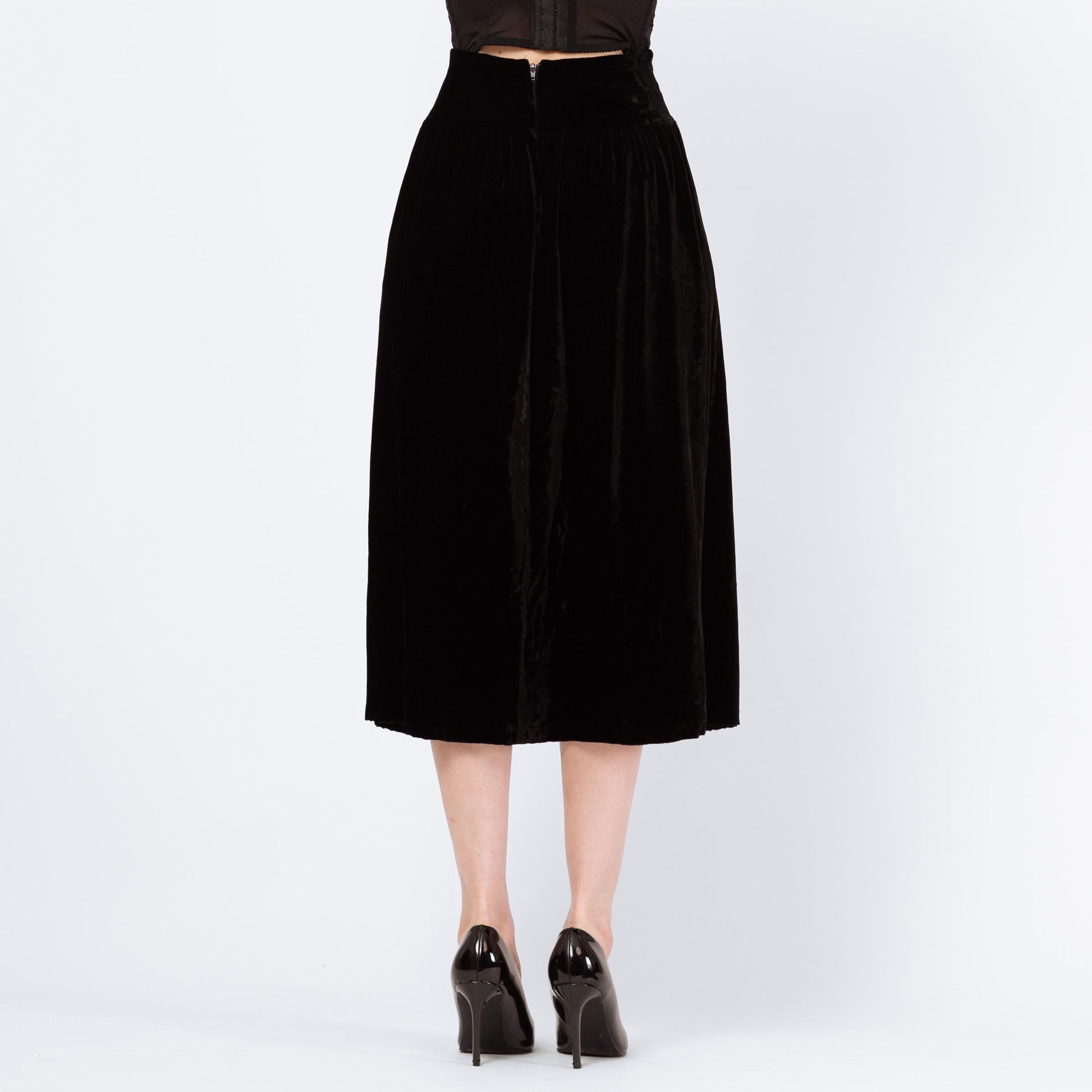 Vintage 90s Black Velvet Drop Waist Midi Skirt - Extra Small, 25" Waist | Scott McClintock Minimalist High Waisted A Line Formal Skirt