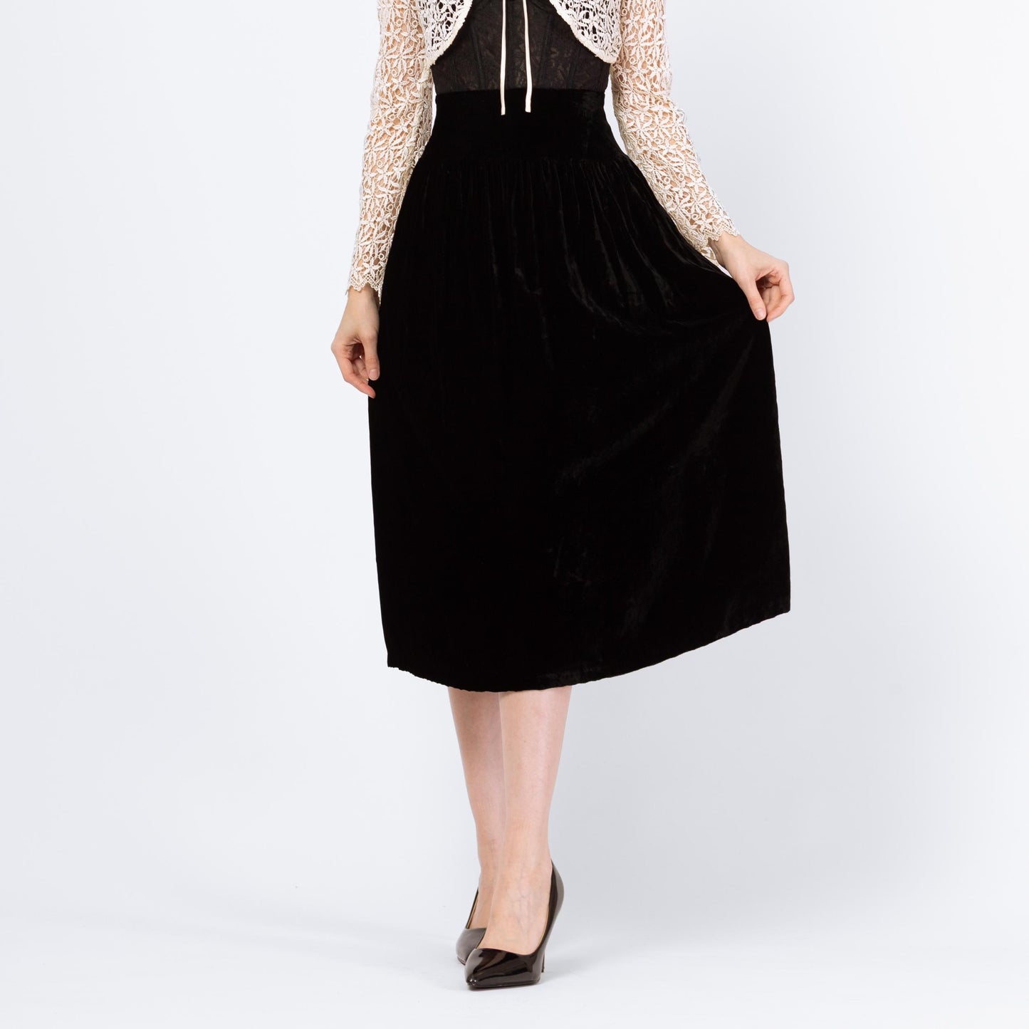 Vintage 90s Black Velvet Drop Waist Midi Skirt - Extra Small, 25" Waist | Scott McClintock Minimalist High Waisted A Line Formal Skirt