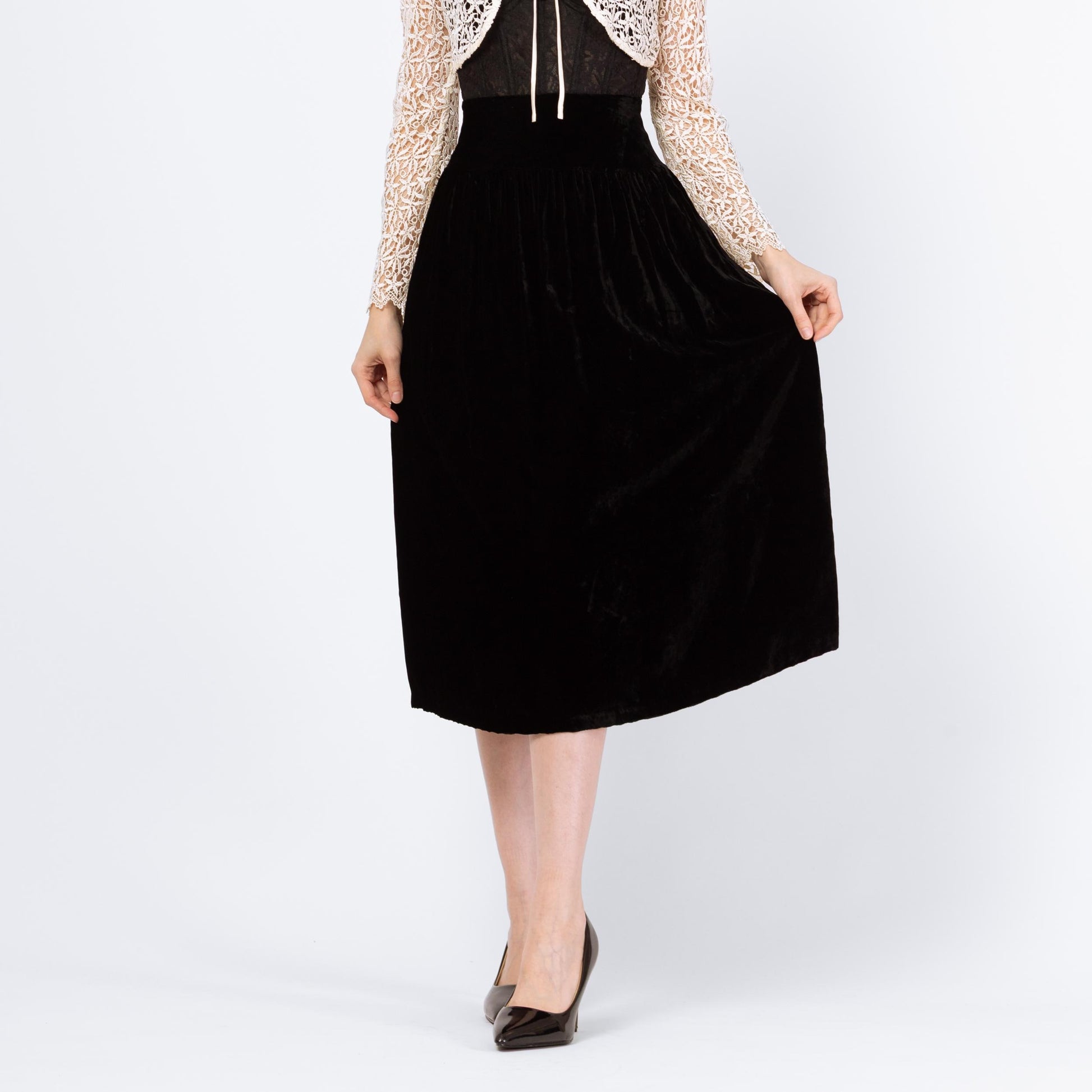 Vintage 90s Black Velvet Drop Waist Midi Skirt - Extra Small, 25" Waist | Scott McClintock Minimalist High Waisted A Line Formal Skirt