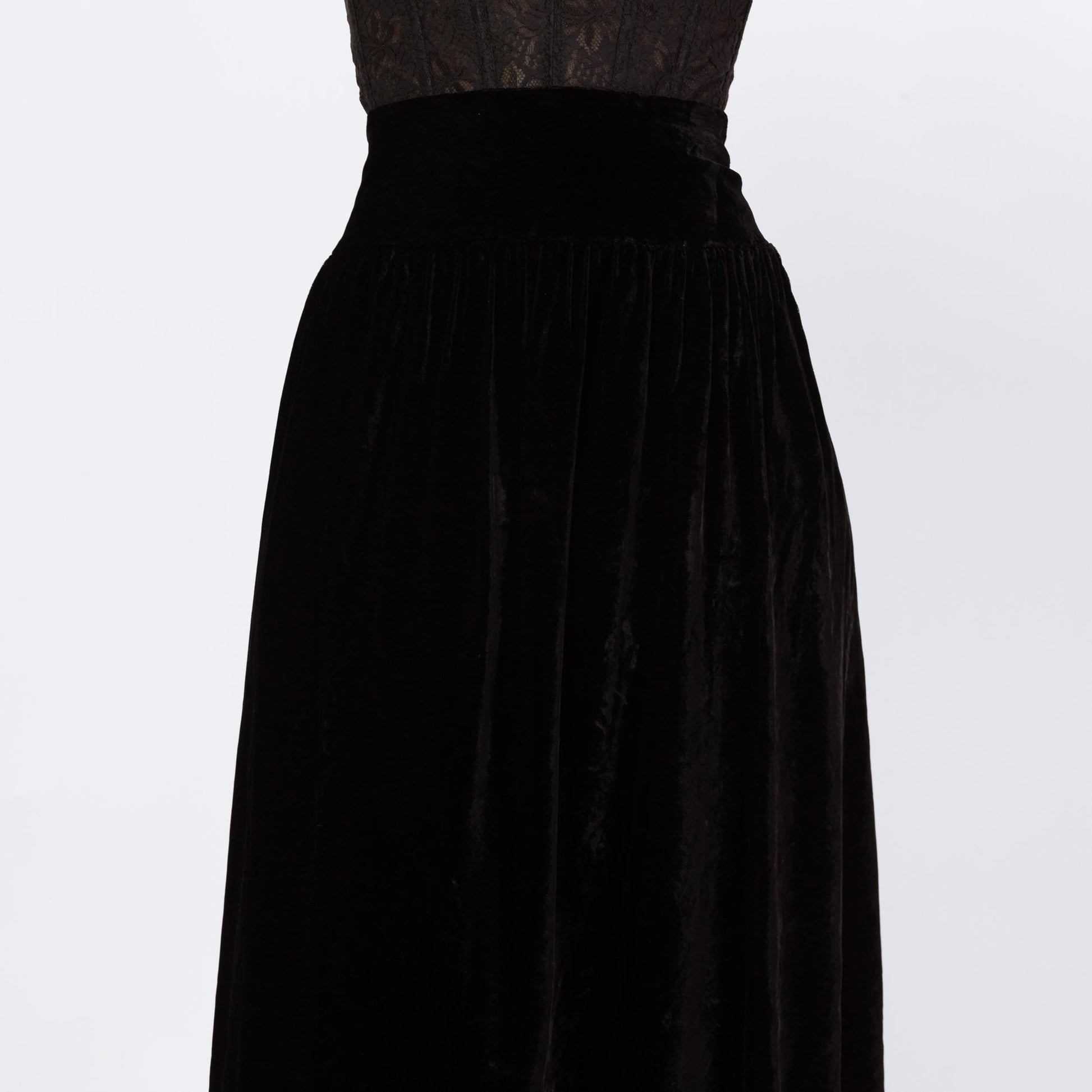 Vintage 90s Black Velvet Drop Waist Midi Skirt - Extra Small, 25" Waist | Scott McClintock Minimalist High Waisted A Line Formal Skirt