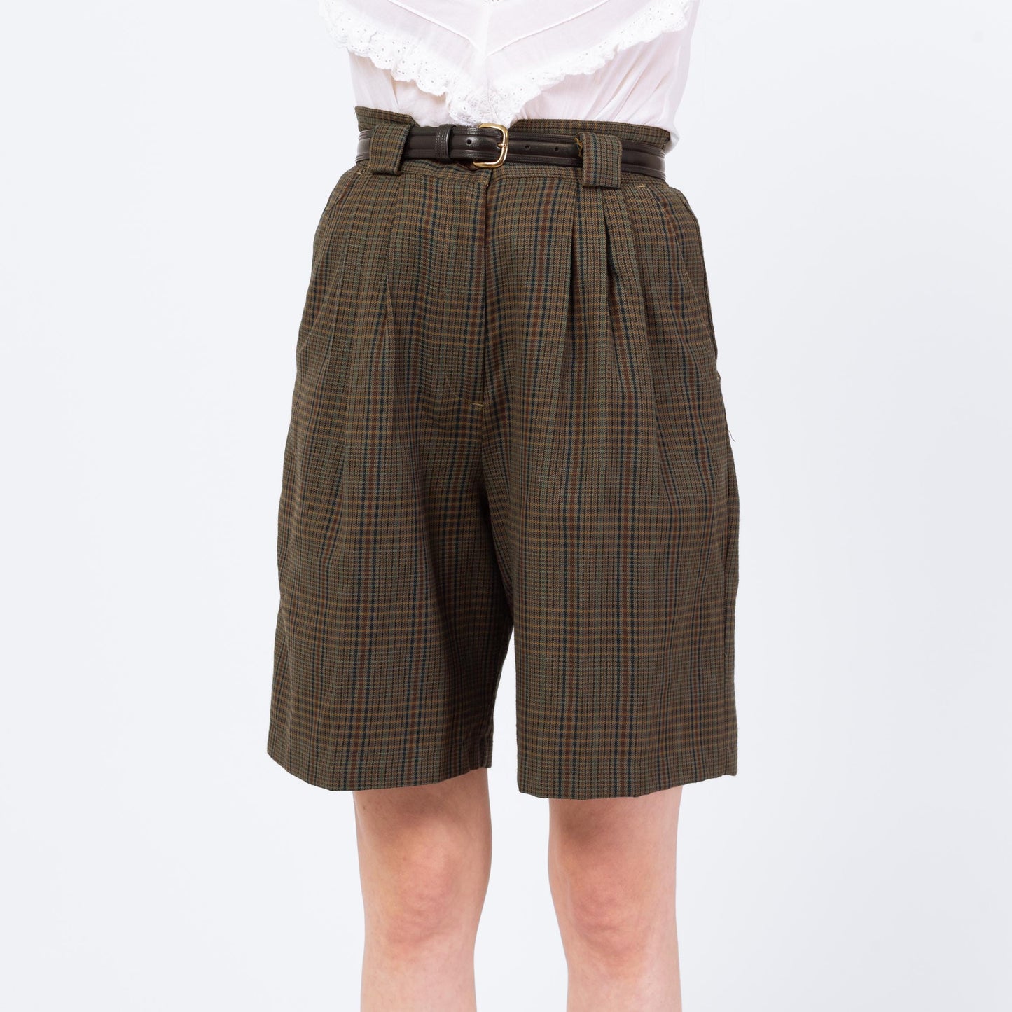 Vintage 90s Olive Green Plaid Trouser Shorts - Medium, 28"-29" Waist