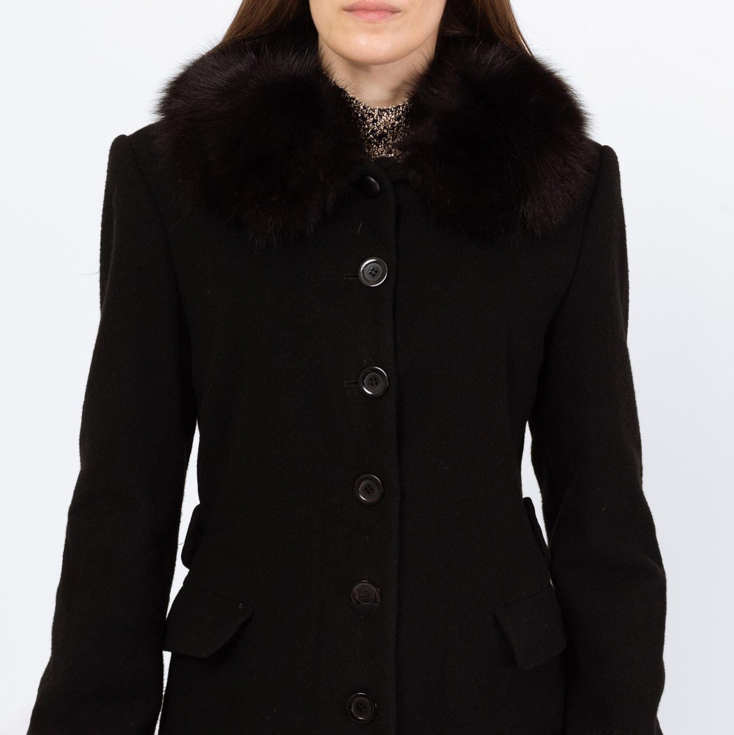 Vintage 80s Black Wool Fox Fur Trim Princess Coat - Small | Marvin Richards Single Breasted Button Up Mid Length Winter Overcoat