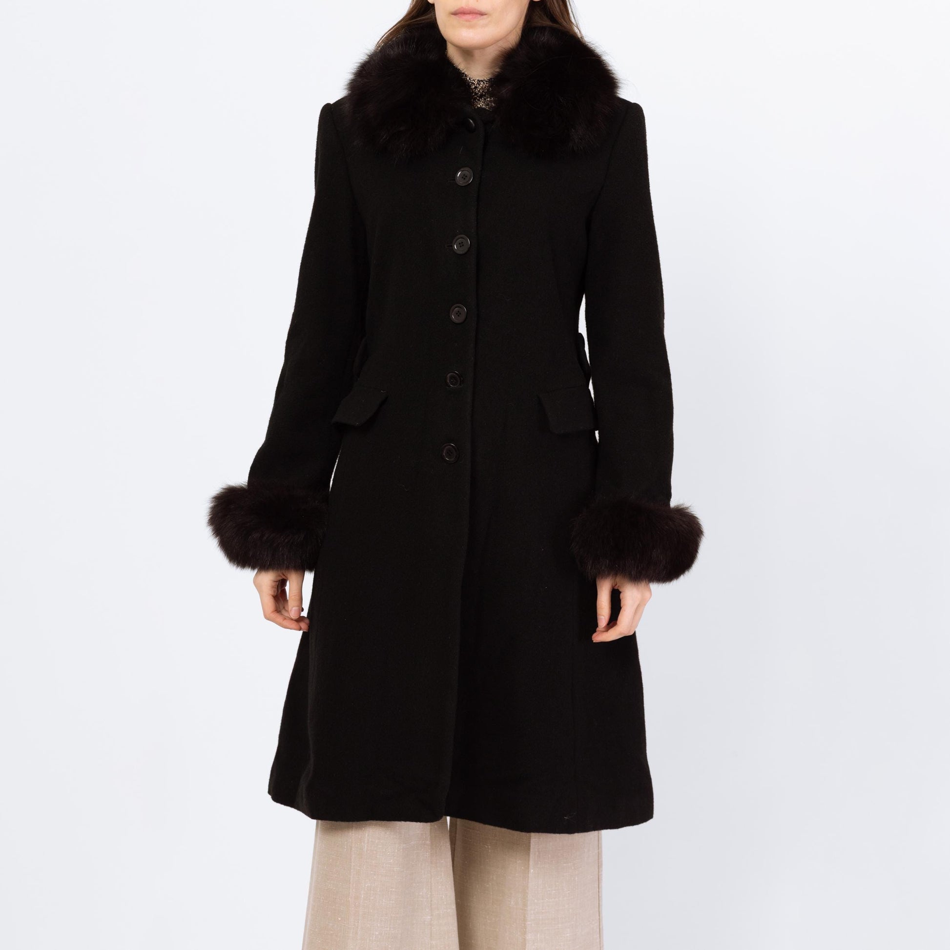 Vintage 80s Black Wool Fox Fur Trim Princess Coat - Small | Marvin Richards Single Breasted Button Up Mid Length Winter Overcoat