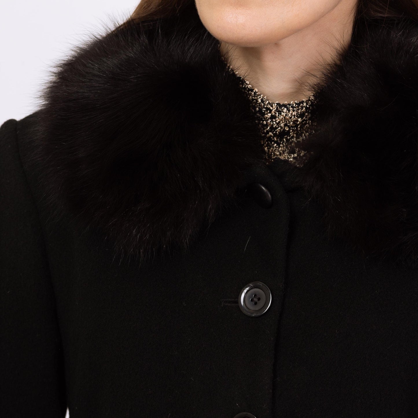 Vintage 80s Black Wool Fox Fur Trim Princess Coat - Small | Marvin Richards Single Breasted Button Up Mid Length Winter Overcoat