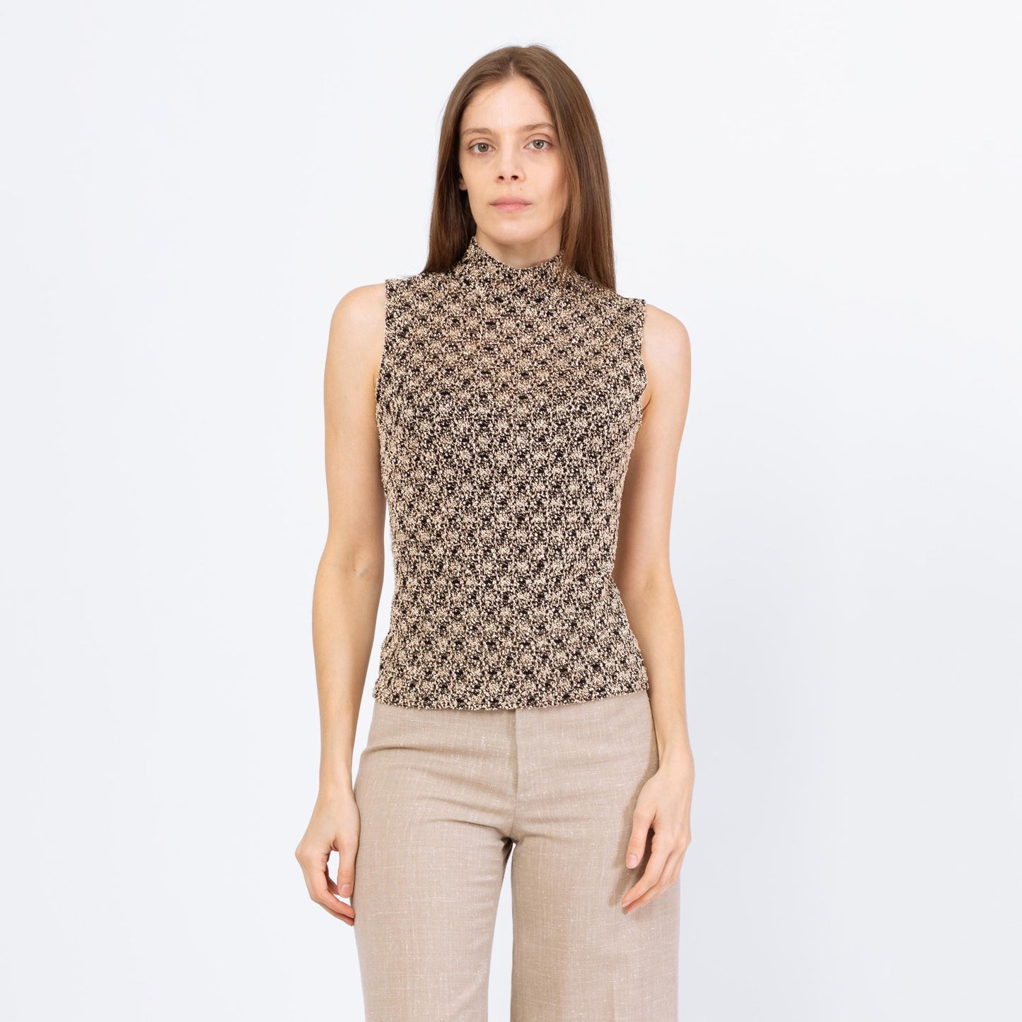 Vintage 90s Two Tone Boucle Knit Tank Top - Small | Minimalist Stretchy Open Weave Sleeveless Mockneck Shirt