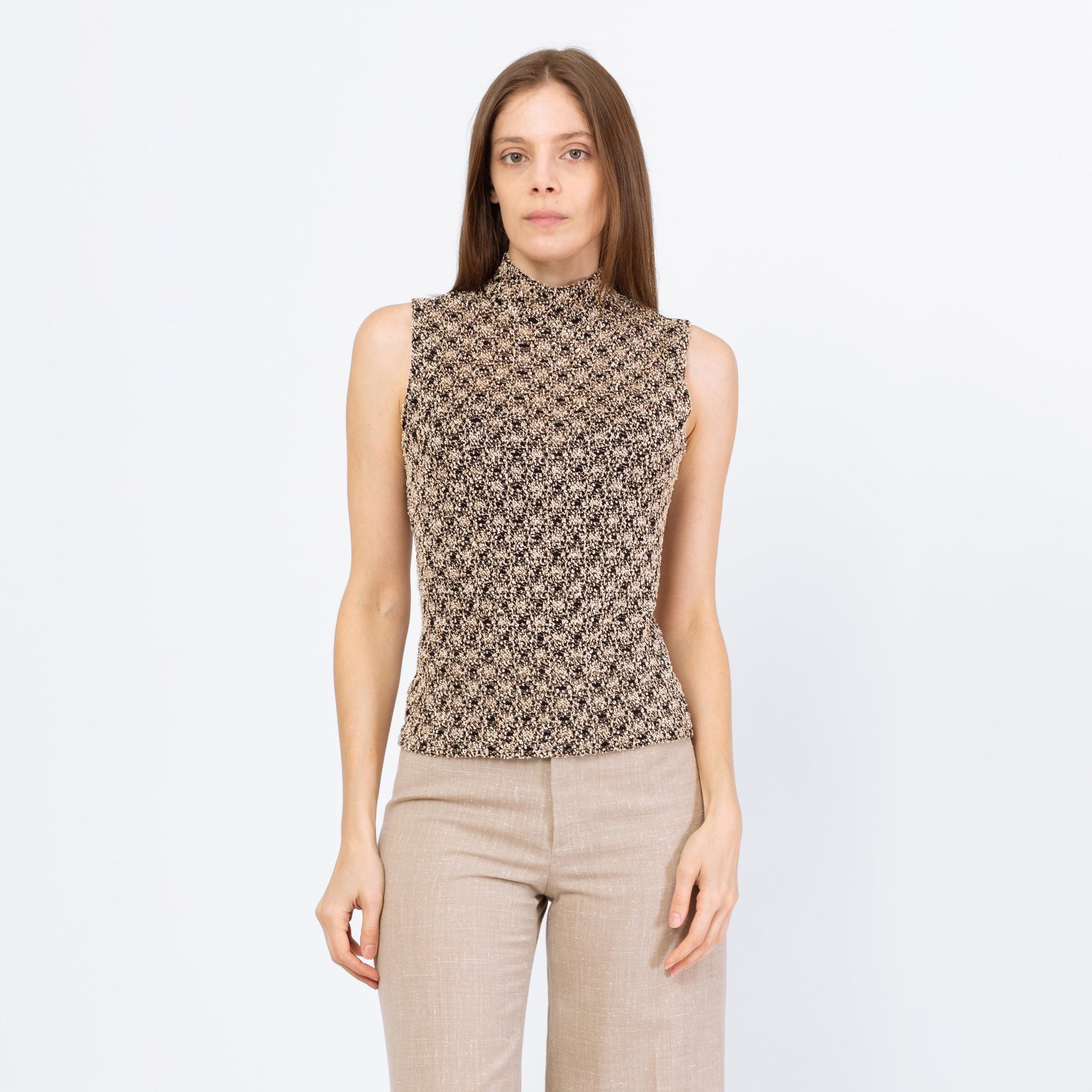 Vintage 90s Two Tone Boucle Knit Tank Top - Small | Minimalist Stretchy Open Weave Sleeveless Mockneck Shirt