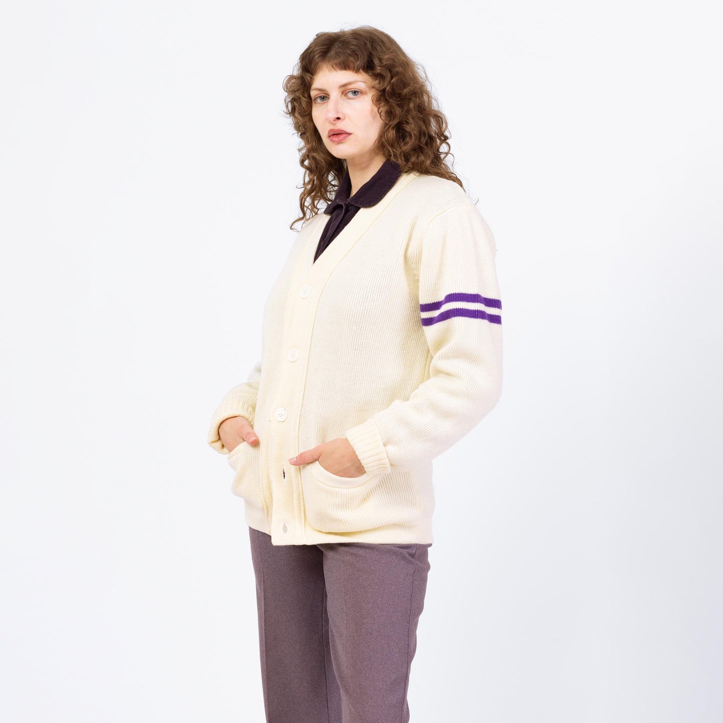 Vintage 80s Does 50s Cream Knit Varsity Cardigan - Medium
