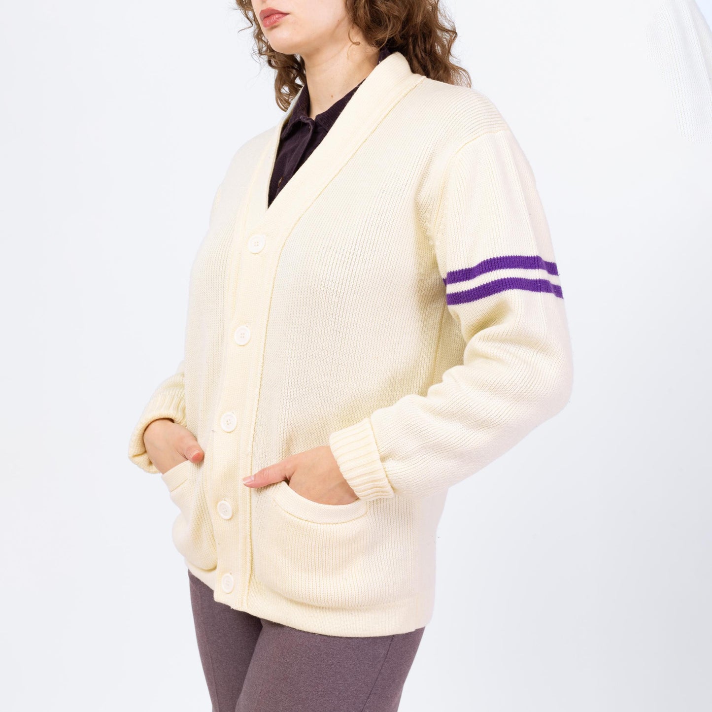 Vintage 80s Does 50s Cream Knit Varsity Cardigan - Medium