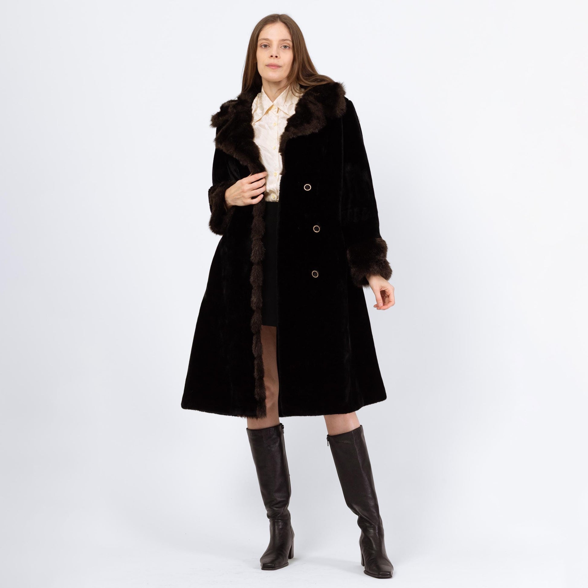 Vintage 70s Faux Fur Princess Coat - Small to Medium | Two Tone Black & Brown Glam Plush Winter Teddy Jacket