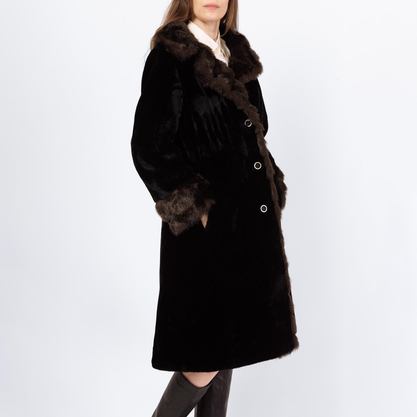 Vintage 70s Faux Fur Princess Coat - Small to Medium | Two Tone Black & Brown Glam Plush Winter Teddy Jacket