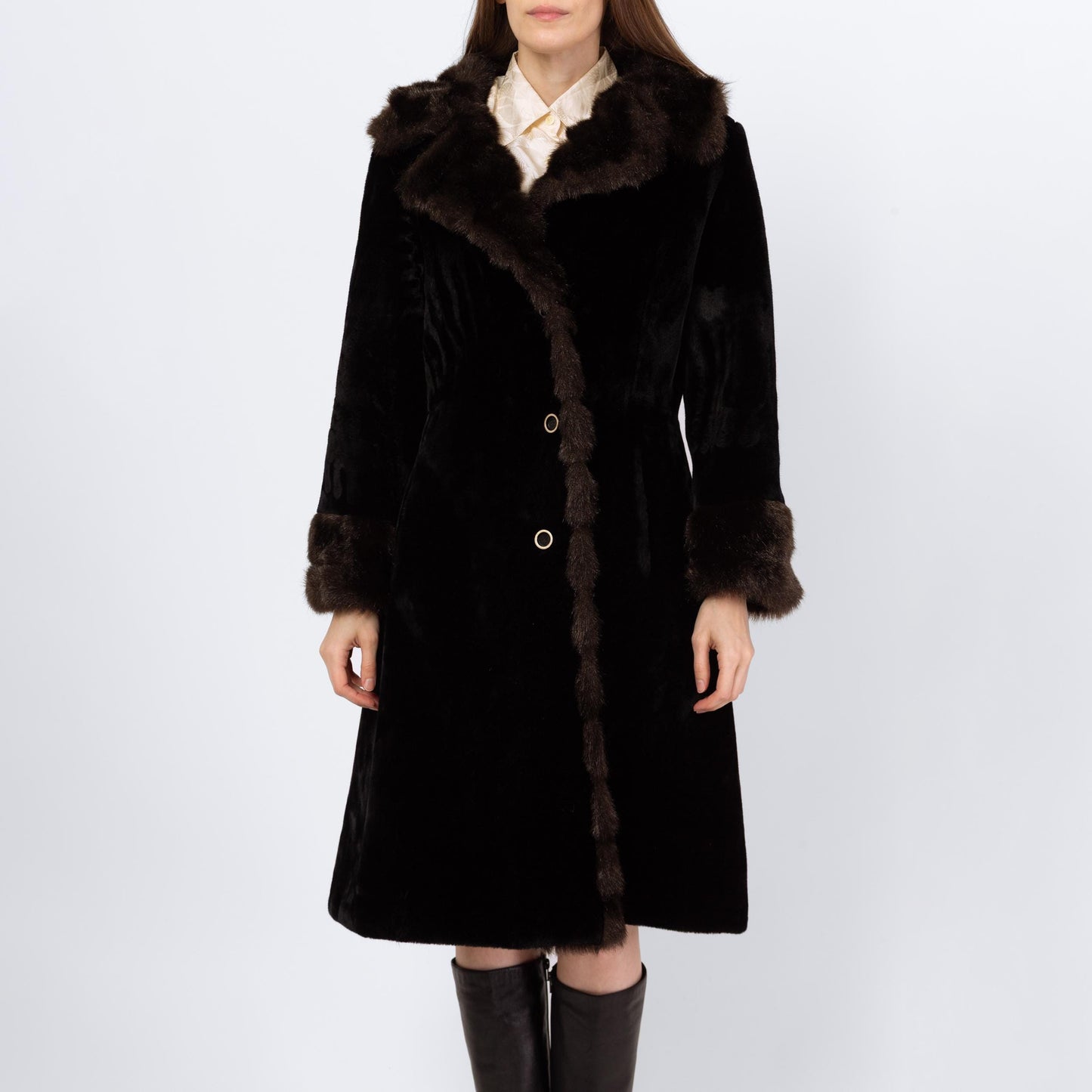 Vintage 70s Faux Fur Princess Coat - Small to Medium | Two Tone Black & Brown Glam Plush Winter Teddy Jacket