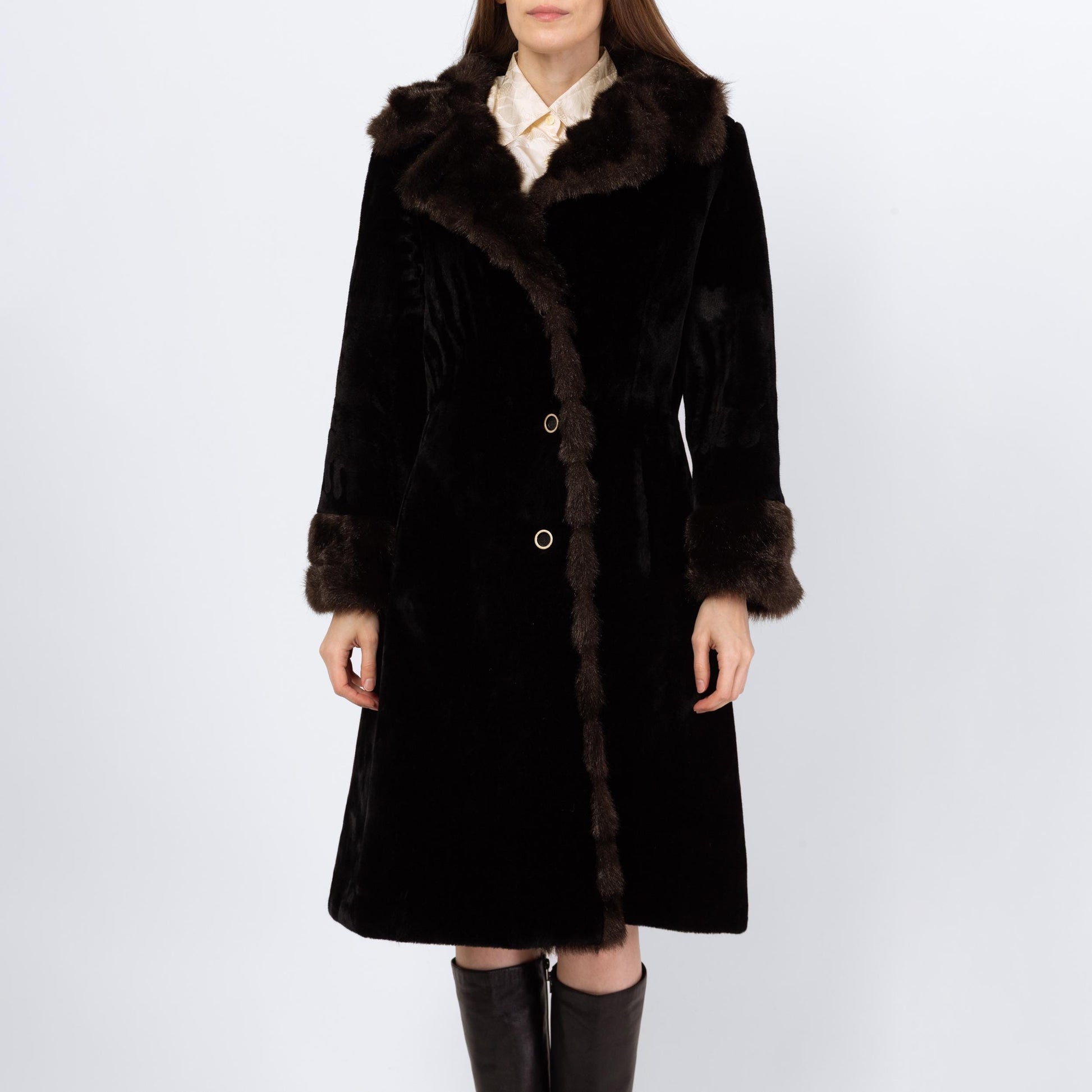 Vintage 70s Faux Fur Princess Coat - Small to Medium | Two Tone Black & Brown Glam Plush Winter Teddy Jacket