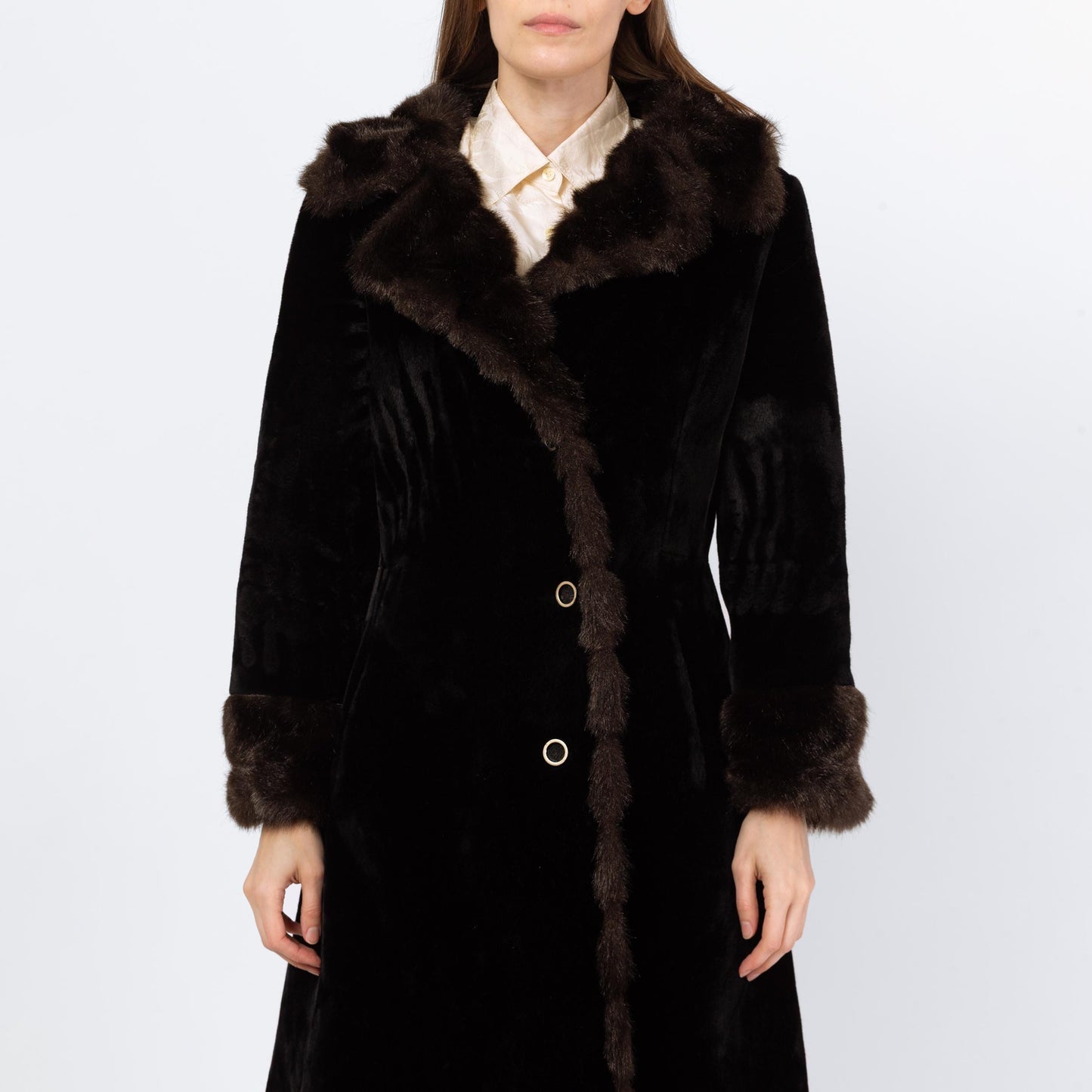 Vintage 70s Faux Fur Princess Coat - Small to Medium | Two Tone Black & Brown Glam Plush Winter Teddy Jacket