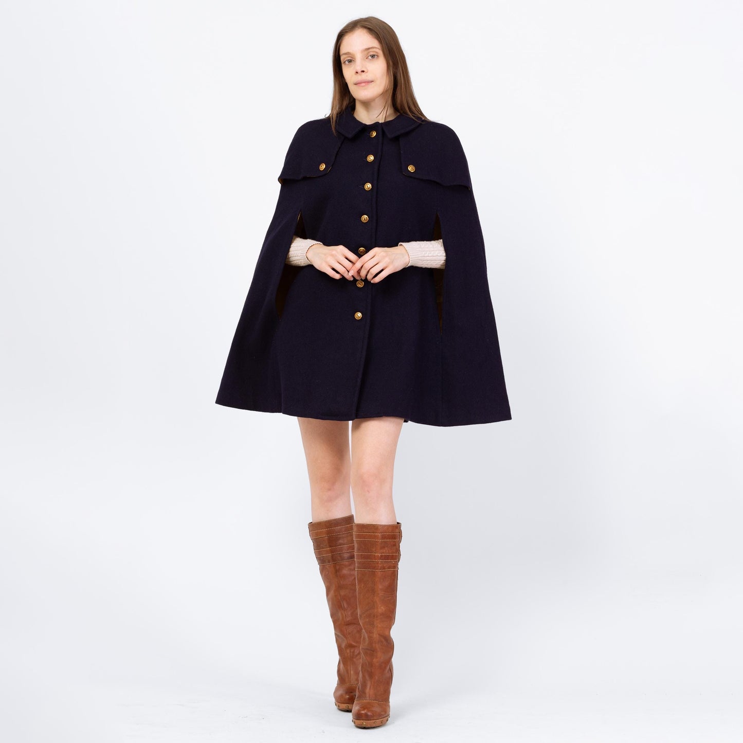 Vintage 60s Mod Navy Blue Wool Cape - Small