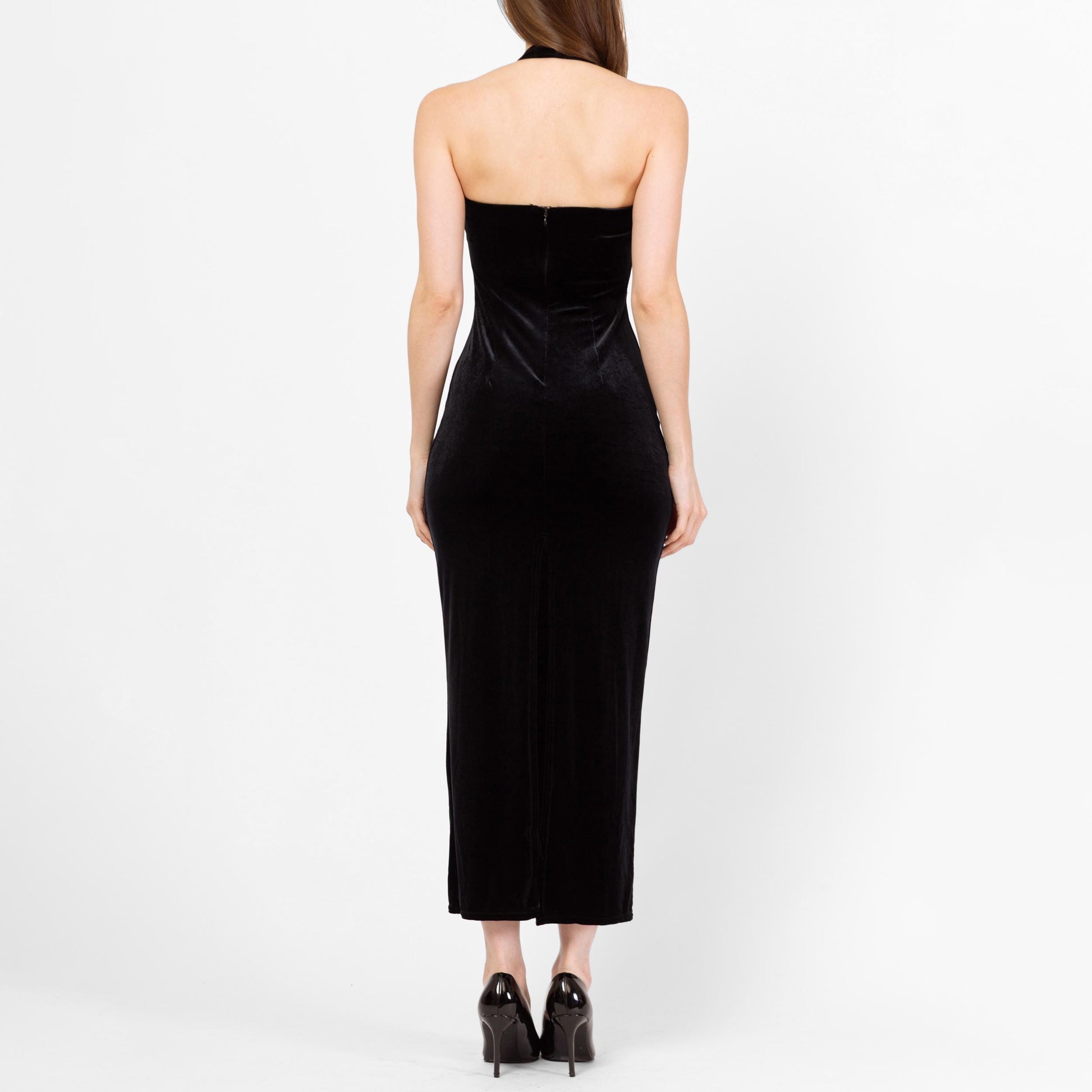 Vintage 90s Y2K Black Velvet Sparkle Bodycon Gown - Petite Extra Small | 2000s Scott McClintock Halter Neck Formal Maxi Party Dress